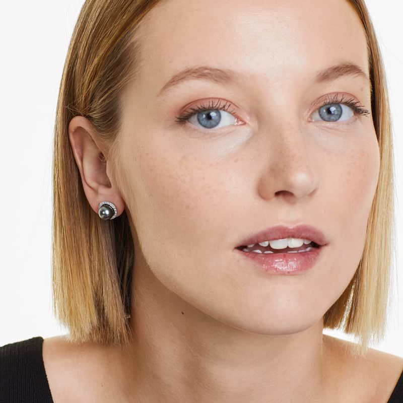 Cultured Tahitian Pearl And Diamond Halo Earrings In 14K White Gold (8.0-9.0mm)