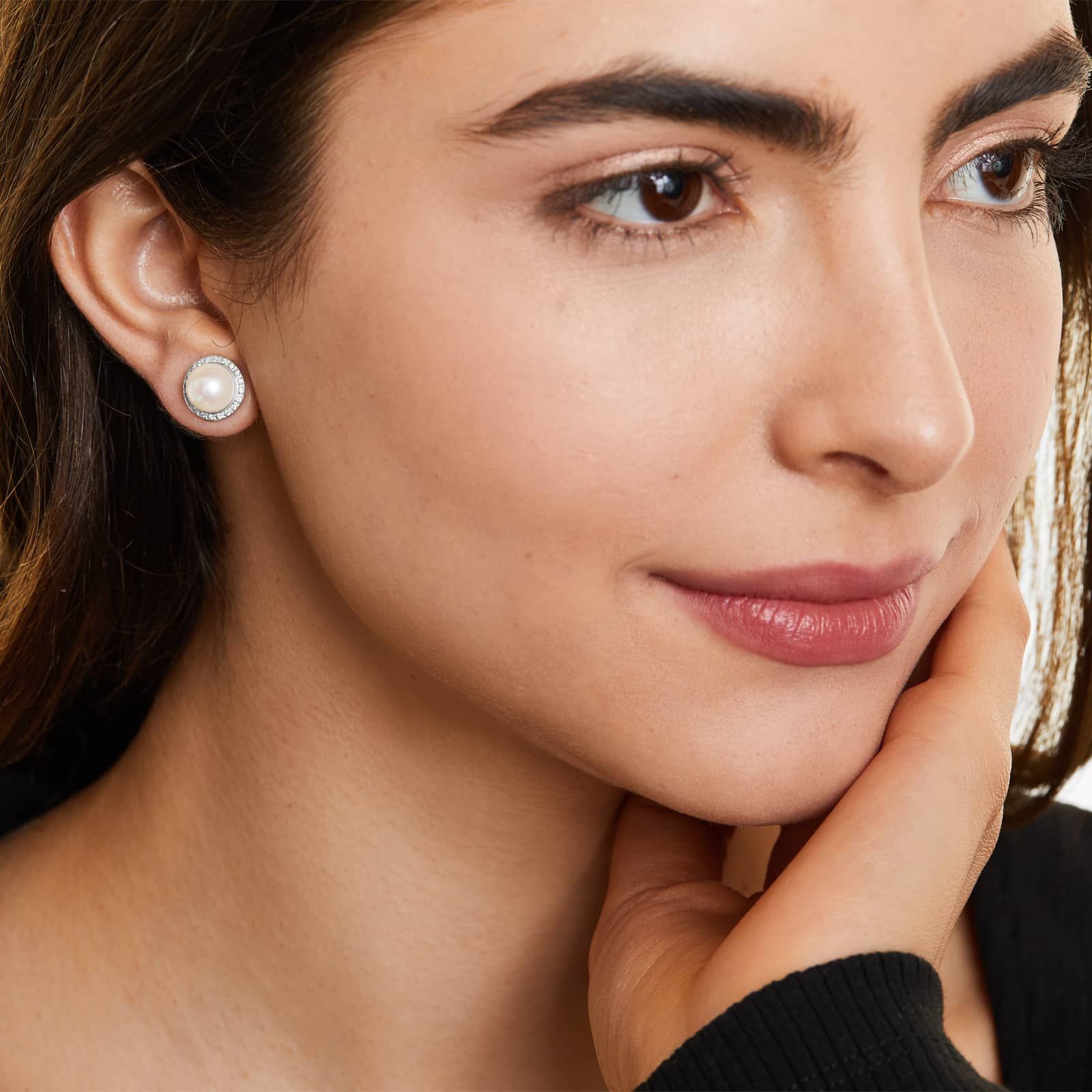 Cultured Freshwater Pearl And Diamond Halo Earrings In 14K White Gold (8.0-9.0mm)