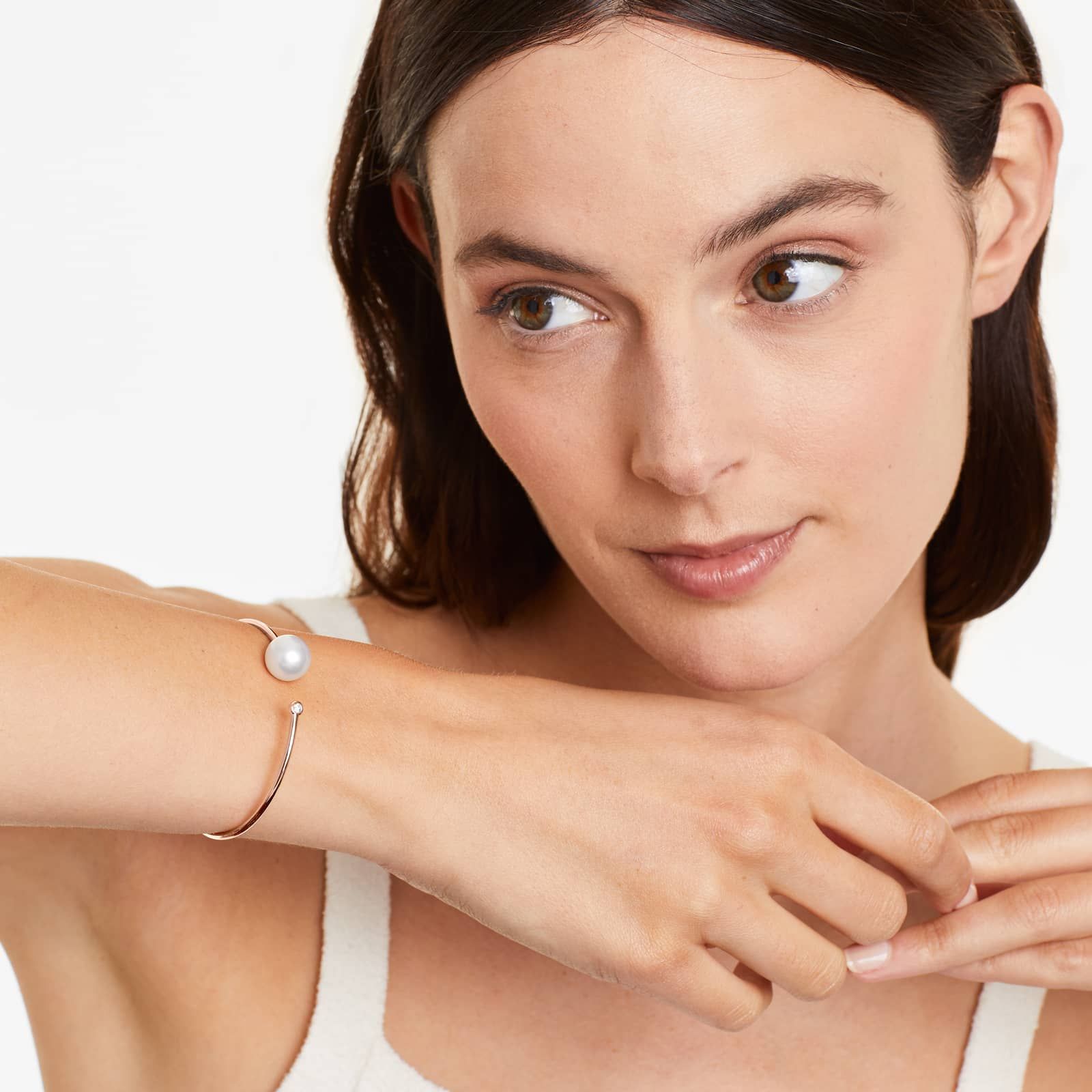 South Sea Cultured Pearl and Bezel Set Diamond Bangle Bracelet In 18K Rose Gold