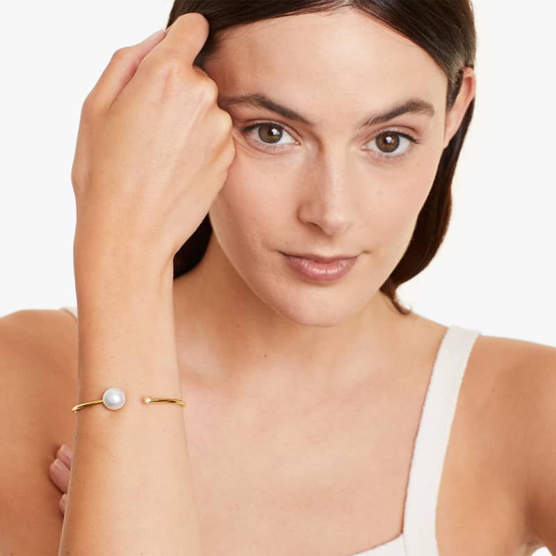 South Sea Cultured Pearl and Bezel Set Diamond Bangle Bracelet In 18K Yellow Gold