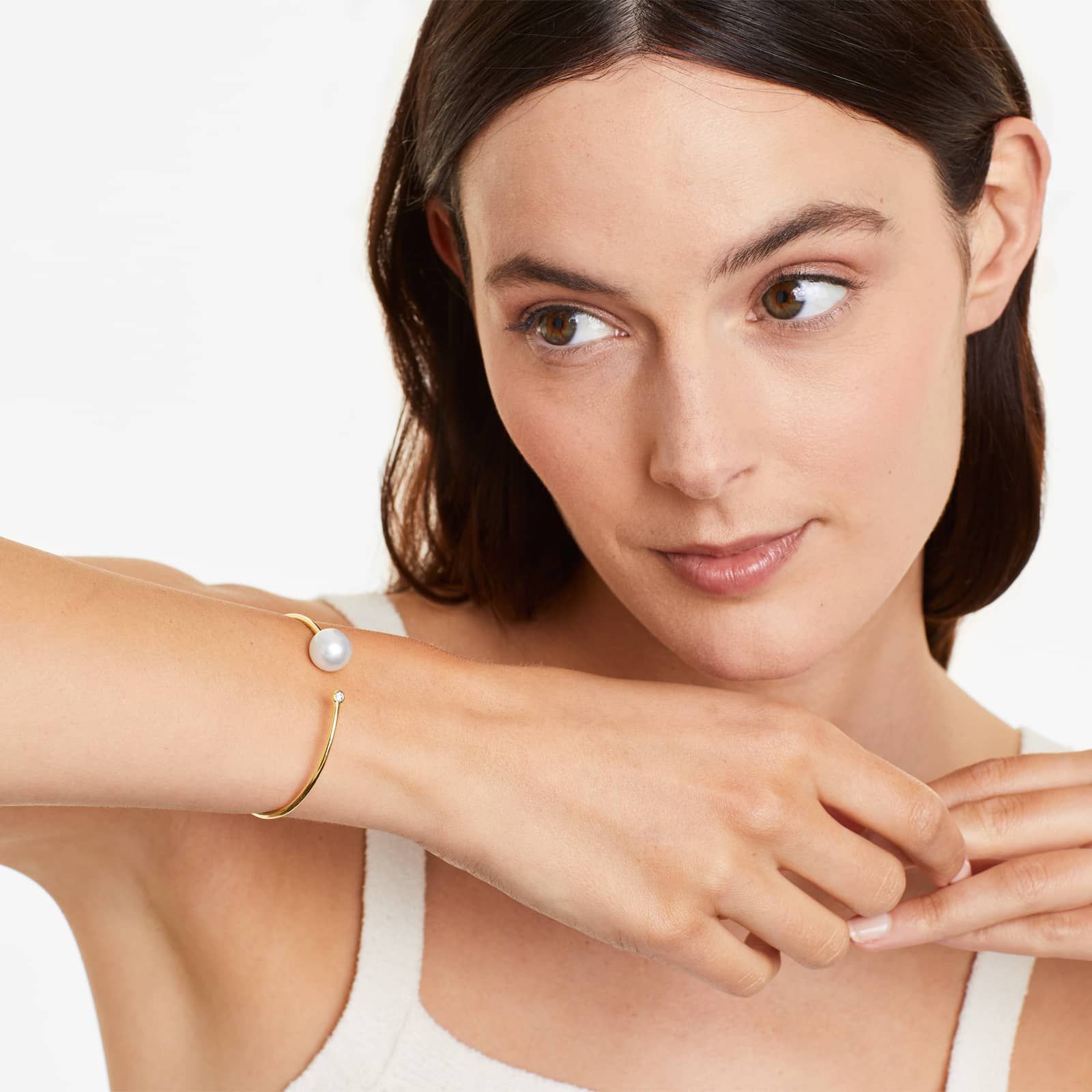 South Sea Cultured Pearl and Bezel Set Diamond Bangle Bracelet In 18K Yellow Gold