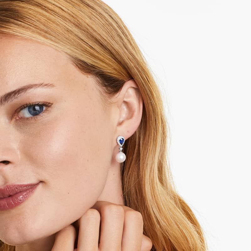 Cultured Akoya Pearl And Sapphire Drop Earrings In 14K White Gold (9.5 mm)