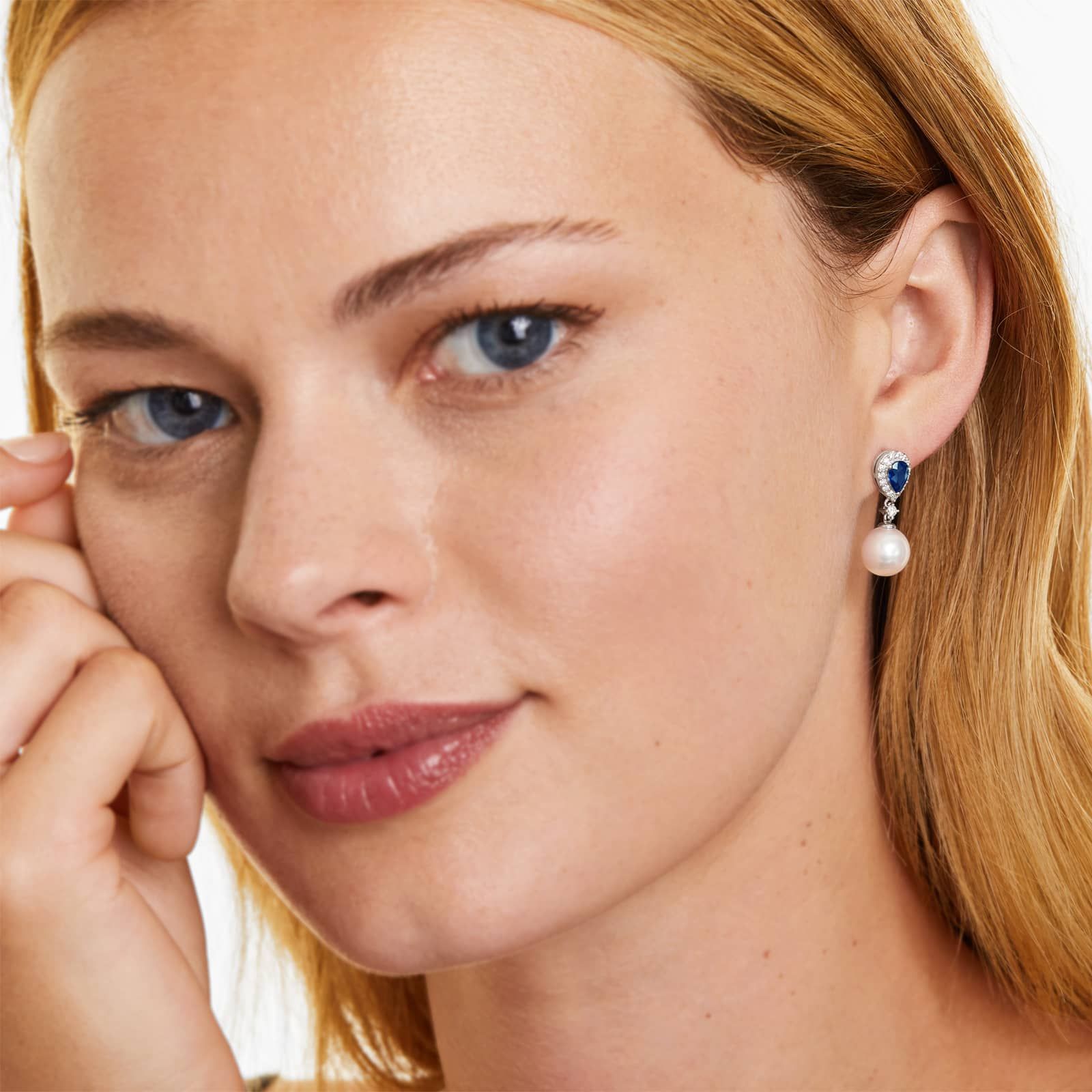 Cultured Akoya Pearl And Sapphire Drop Earrings In 14K White Gold (9.5 mm)