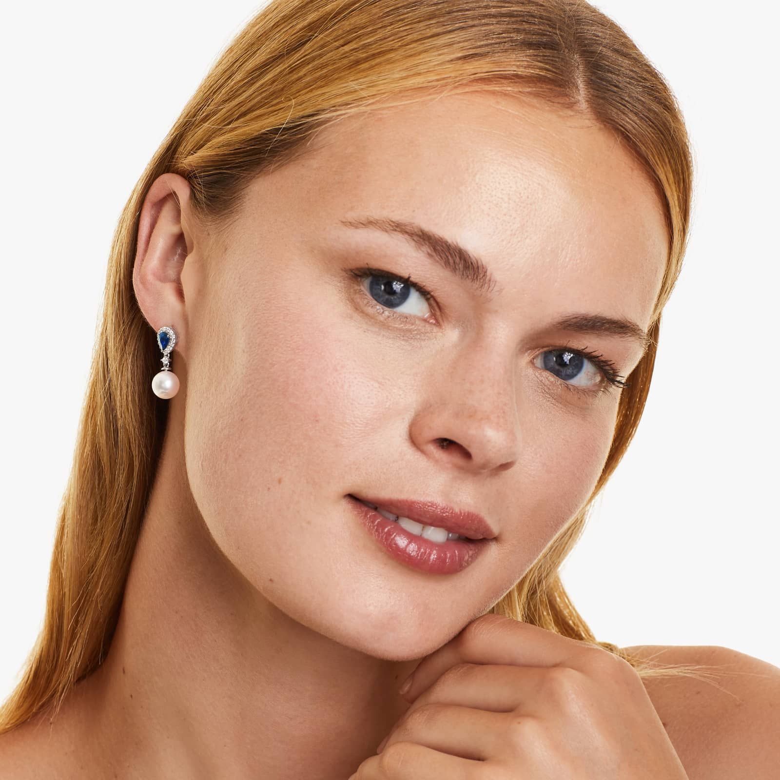 Cultured Akoya Pearl And Sapphire Drop Earrings In 14K White Gold (9.5 mm)