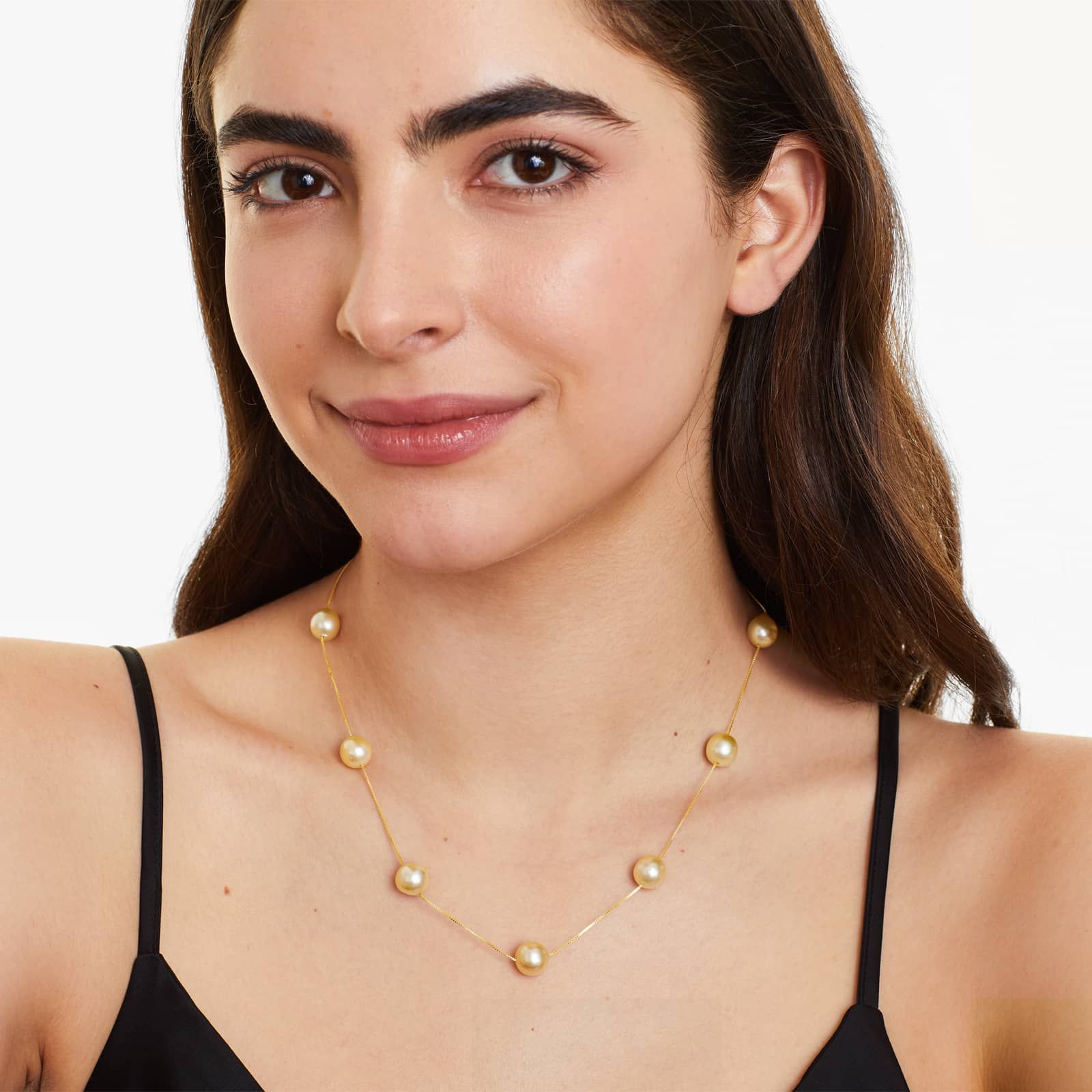 14K Yellow Gold Golden South Sea Cultured Pearl Station Necklace (9-10 mm)