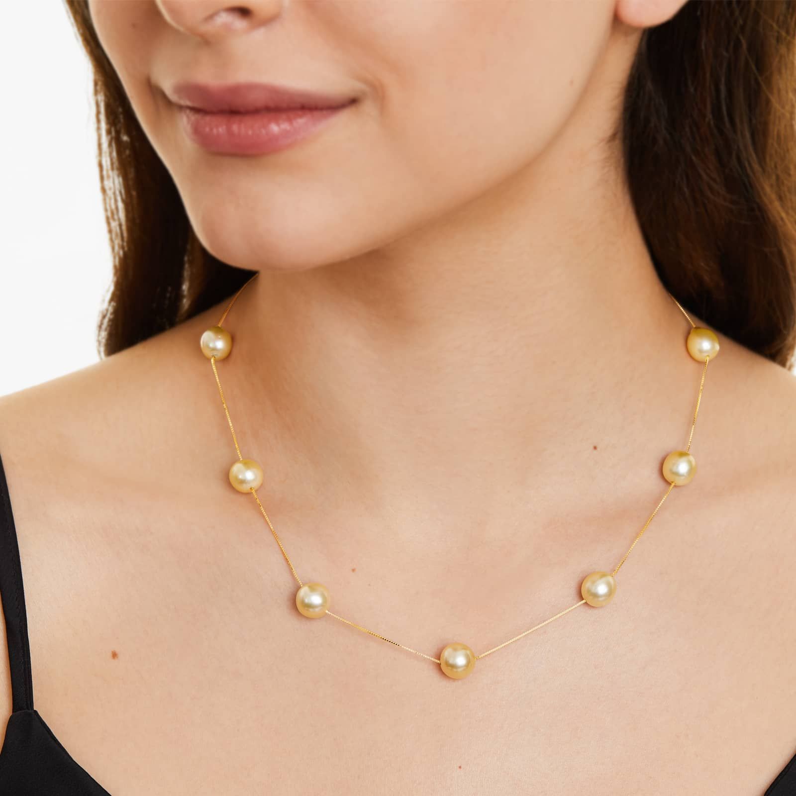 14K Yellow Gold Golden South Sea Cultured Pearl Station Necklace (9-10 mm)