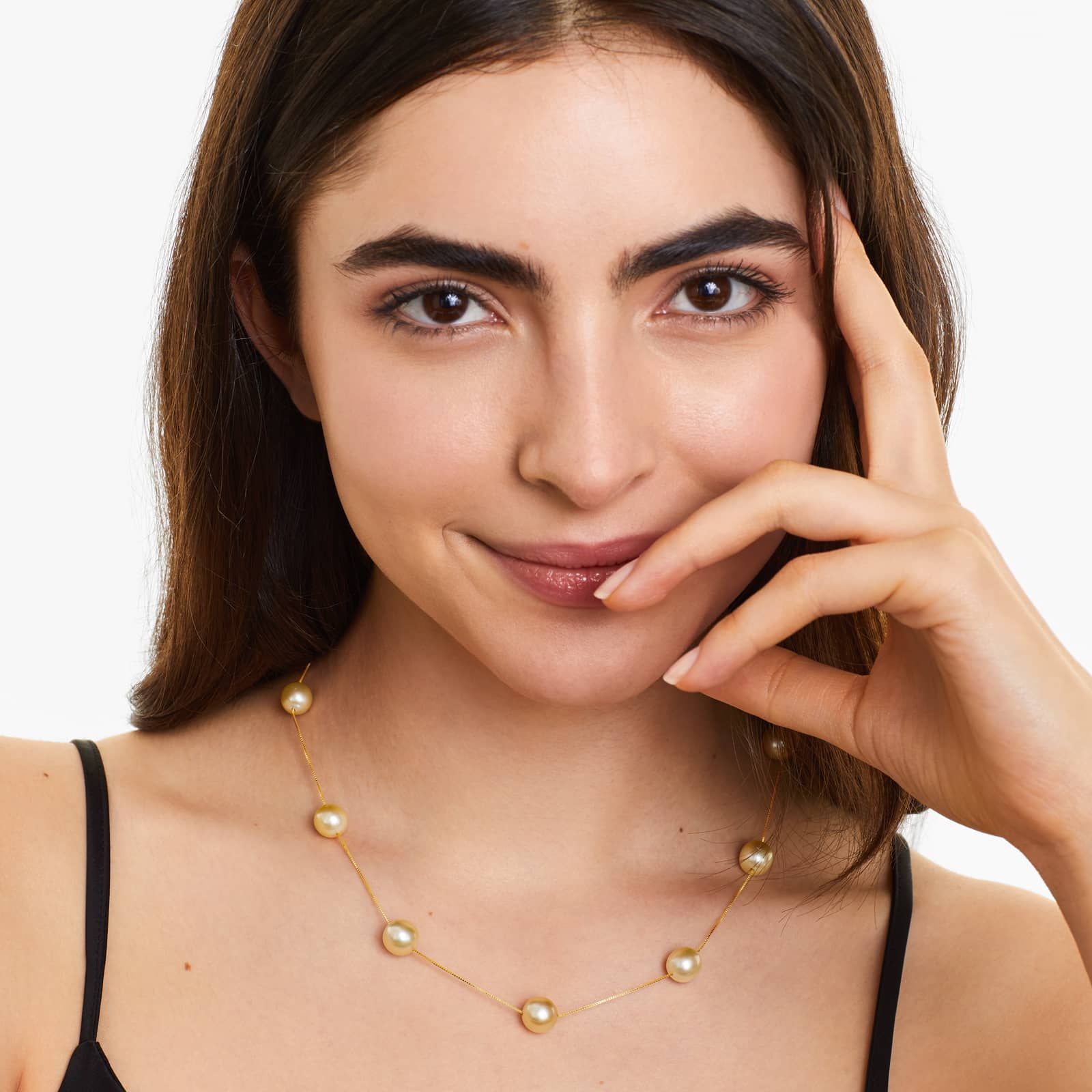 14K Yellow Gold Golden South Sea Cultured Pearl Station Necklace (9-10 mm)