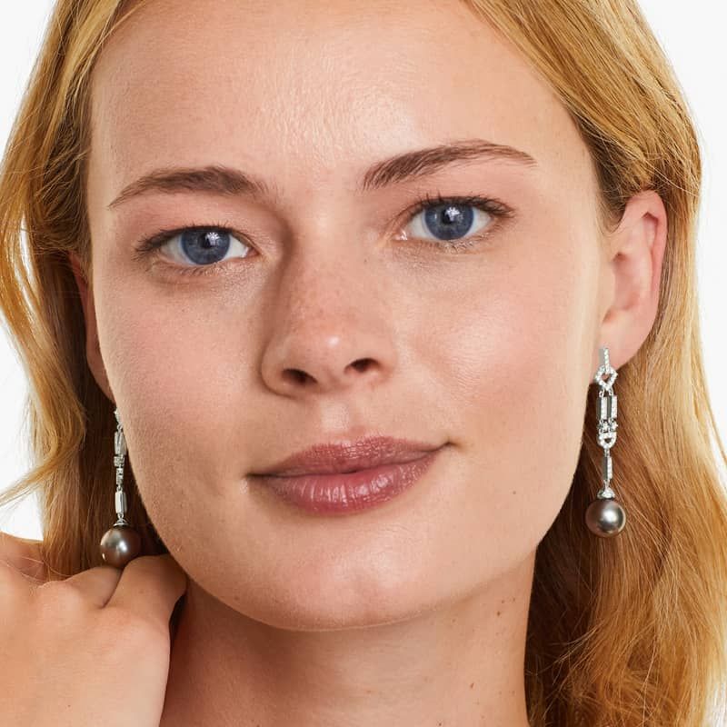 Art Deco Cultured Tahitian Pearl And Diamond Drop Earrings In 18K White Gold (11-12 mm)