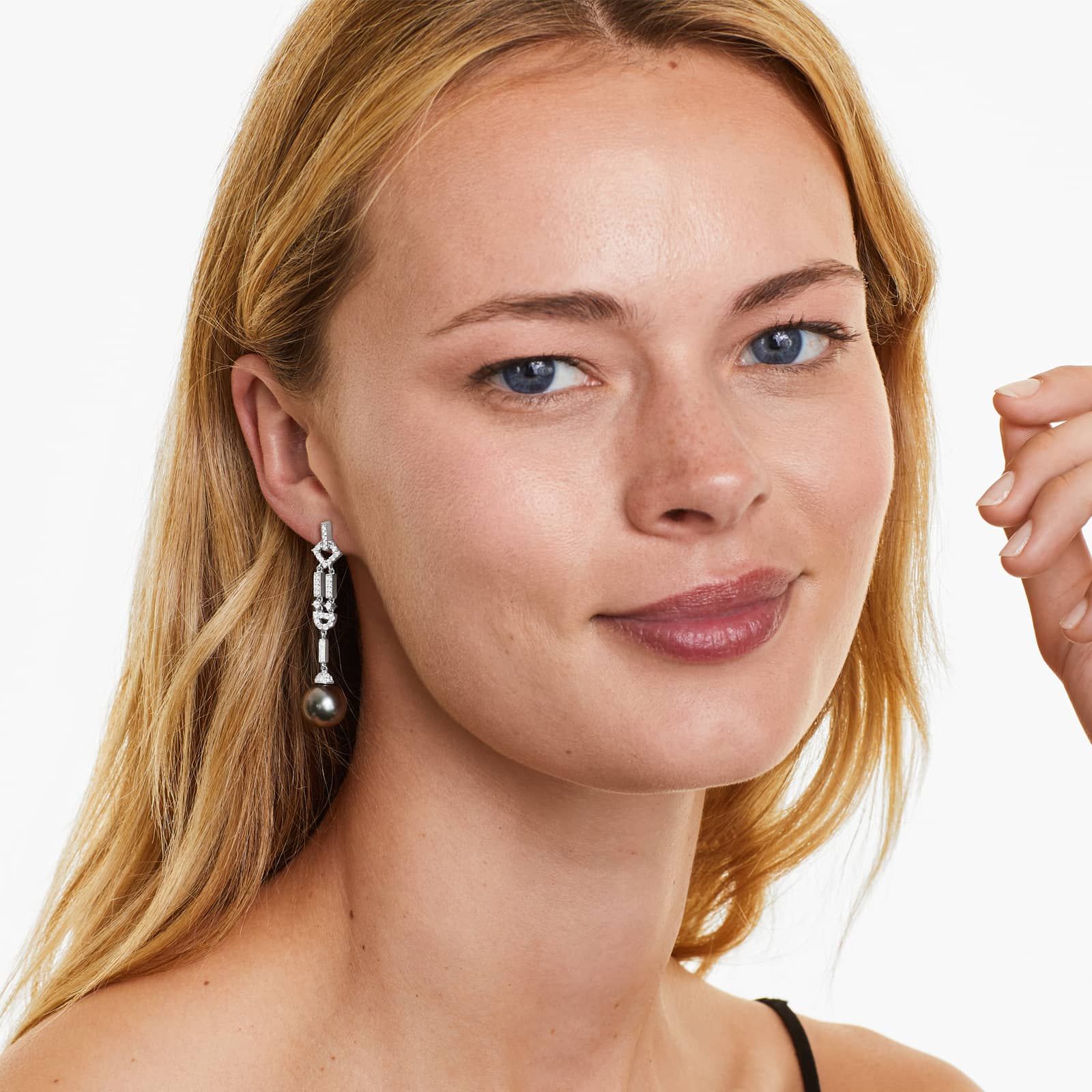 Art Deco Cultured Tahitian Pearl And Diamond Drop Earrings In 18K White Gold (11-12 mm)