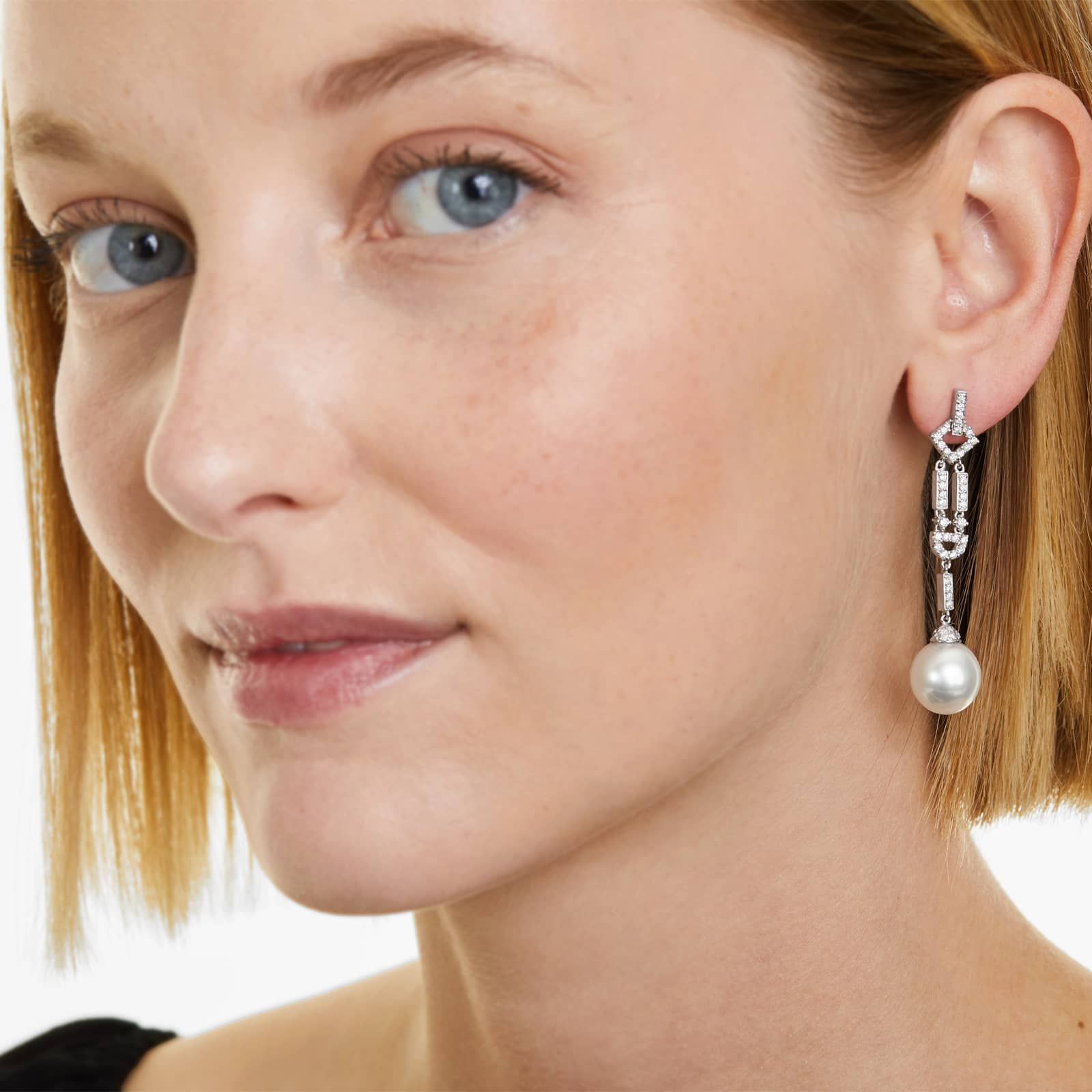 Art Deco Cultured South Sea Pearl And Diamond Drop Earrings In 18K White Gold (11-12 mm)