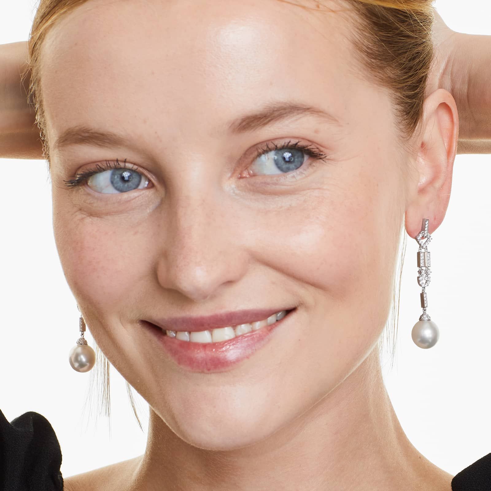 Art Deco Cultured South Sea Pearl And Diamond Drop Earrings In 18K White Gold (11-12 mm)