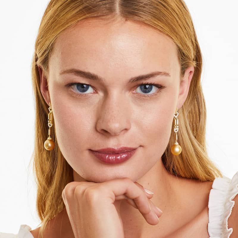 Art Deco Cultured South Sea Pearl And Diamond Drop Earrings In 18K Yellow Gold (11-12 mm)