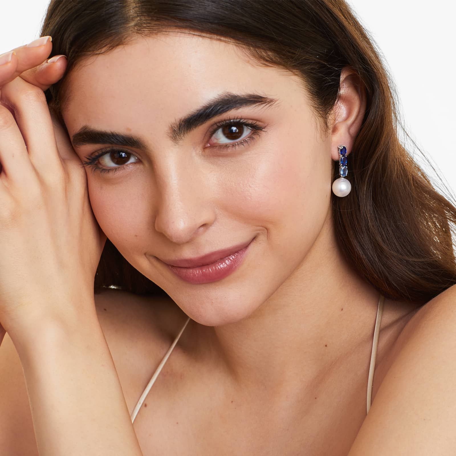 18K White Gold Ombre Sapphires and South Sea Cultured Pearl Drop Earrings (11-12 mm)