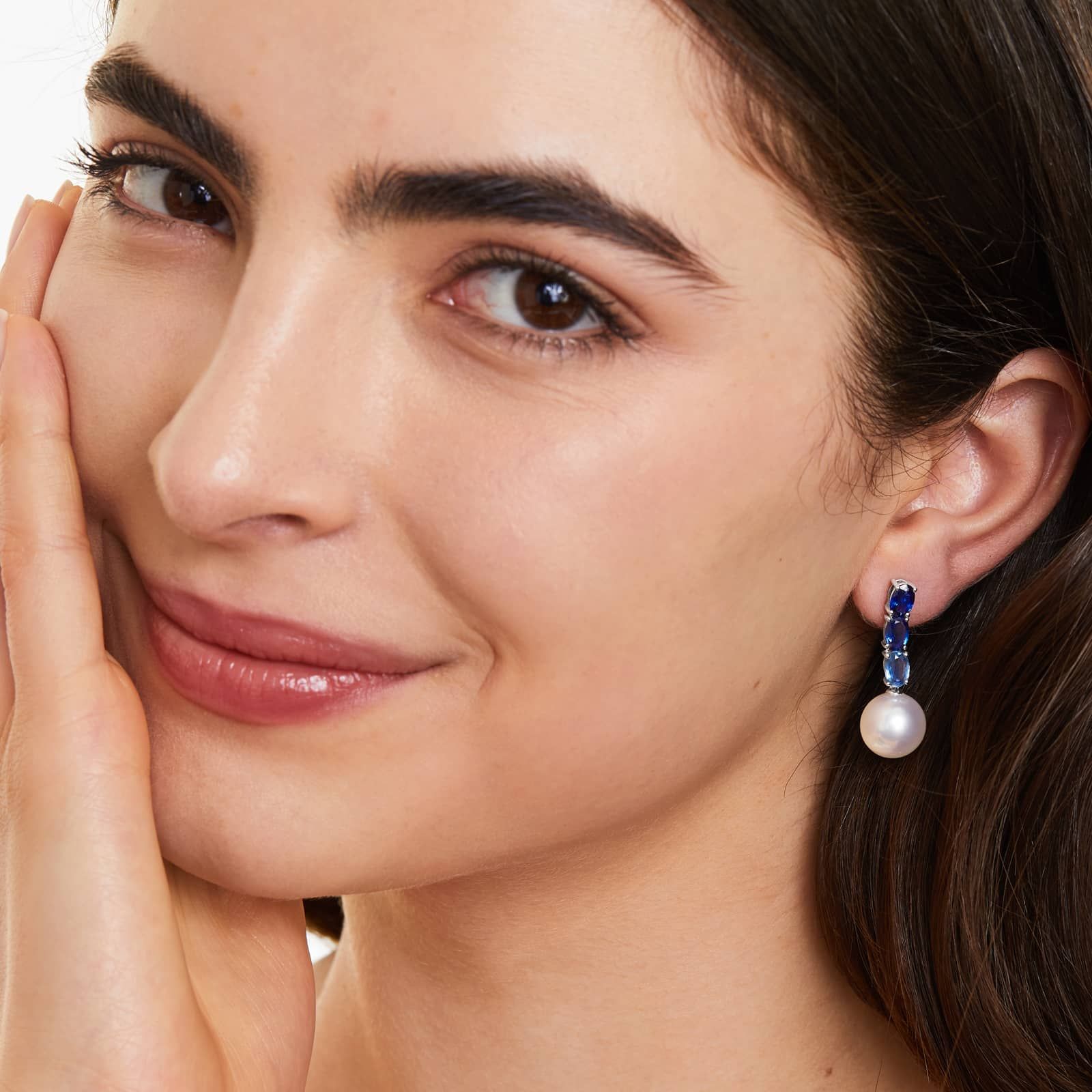 18K White Gold Ombre Sapphires and South Sea Cultured Pearl Drop Earrings (11-12 mm)