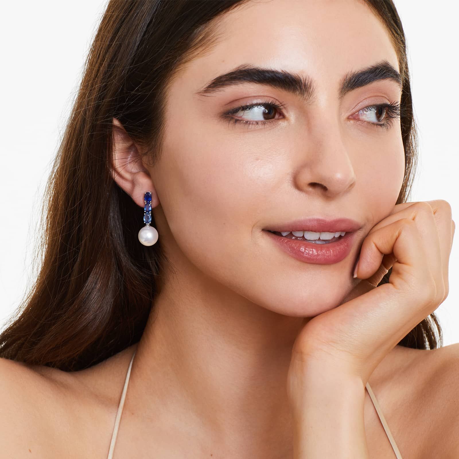 18K White Gold Ombre Sapphires and South Sea Cultured Pearl Drop Earrings (11-12 mm)