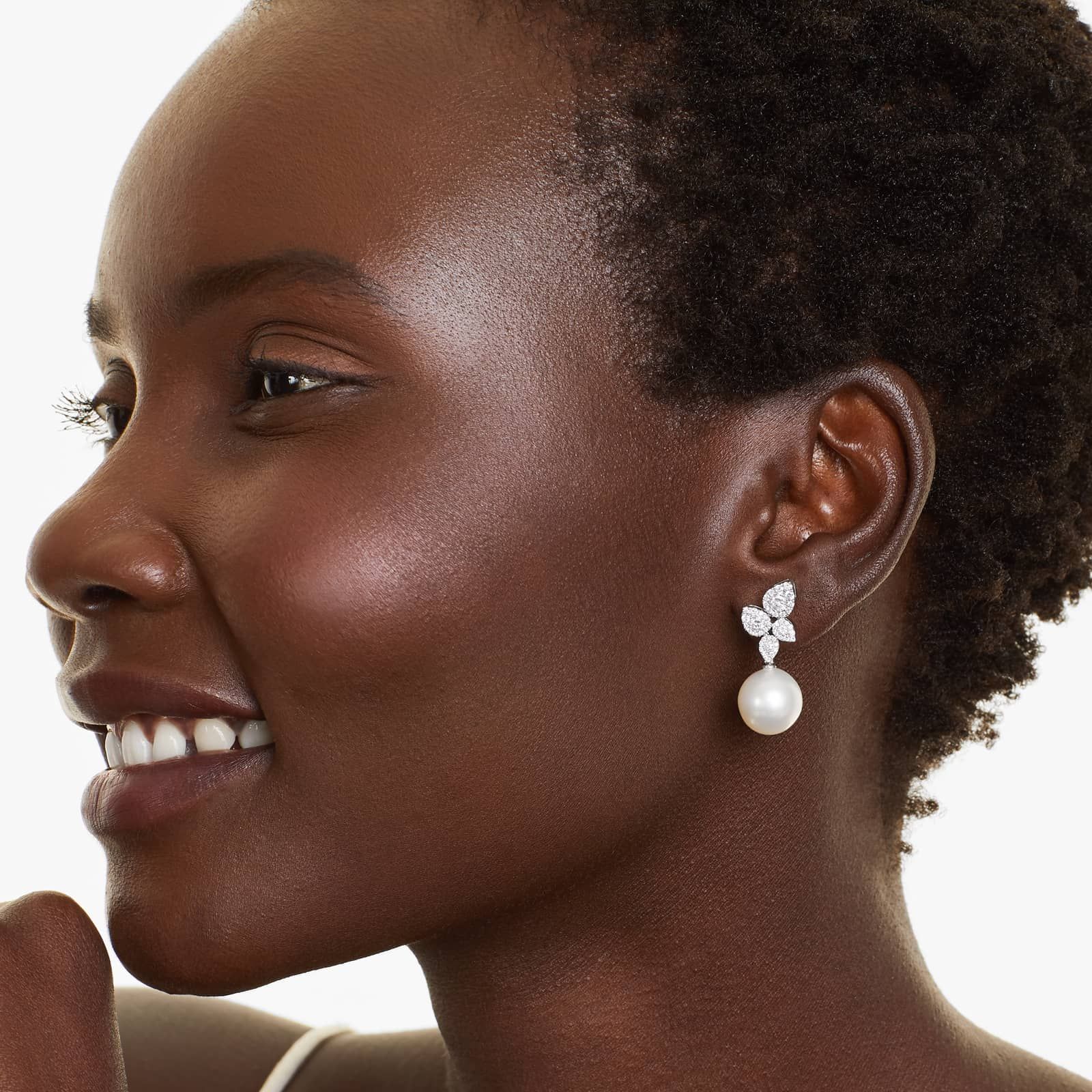 Cultured South Sea Pearl And Teardrop Diamond Cluster Drop Earrings In 18K White Gold (12-13 mm)