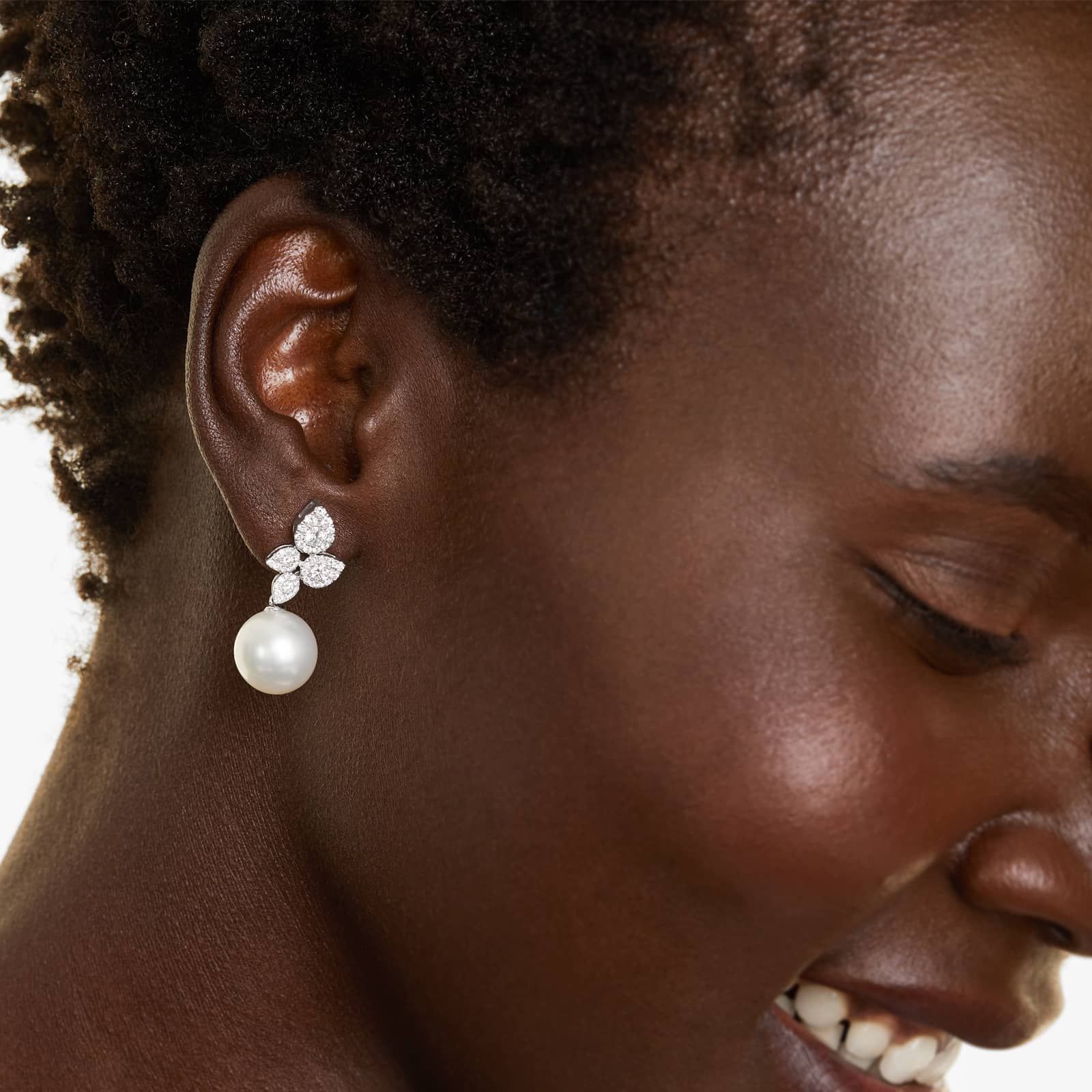 Cultured South Sea Pearl And Teardrop Diamond Cluster Drop Earrings In 18K White Gold (12-13 mm)