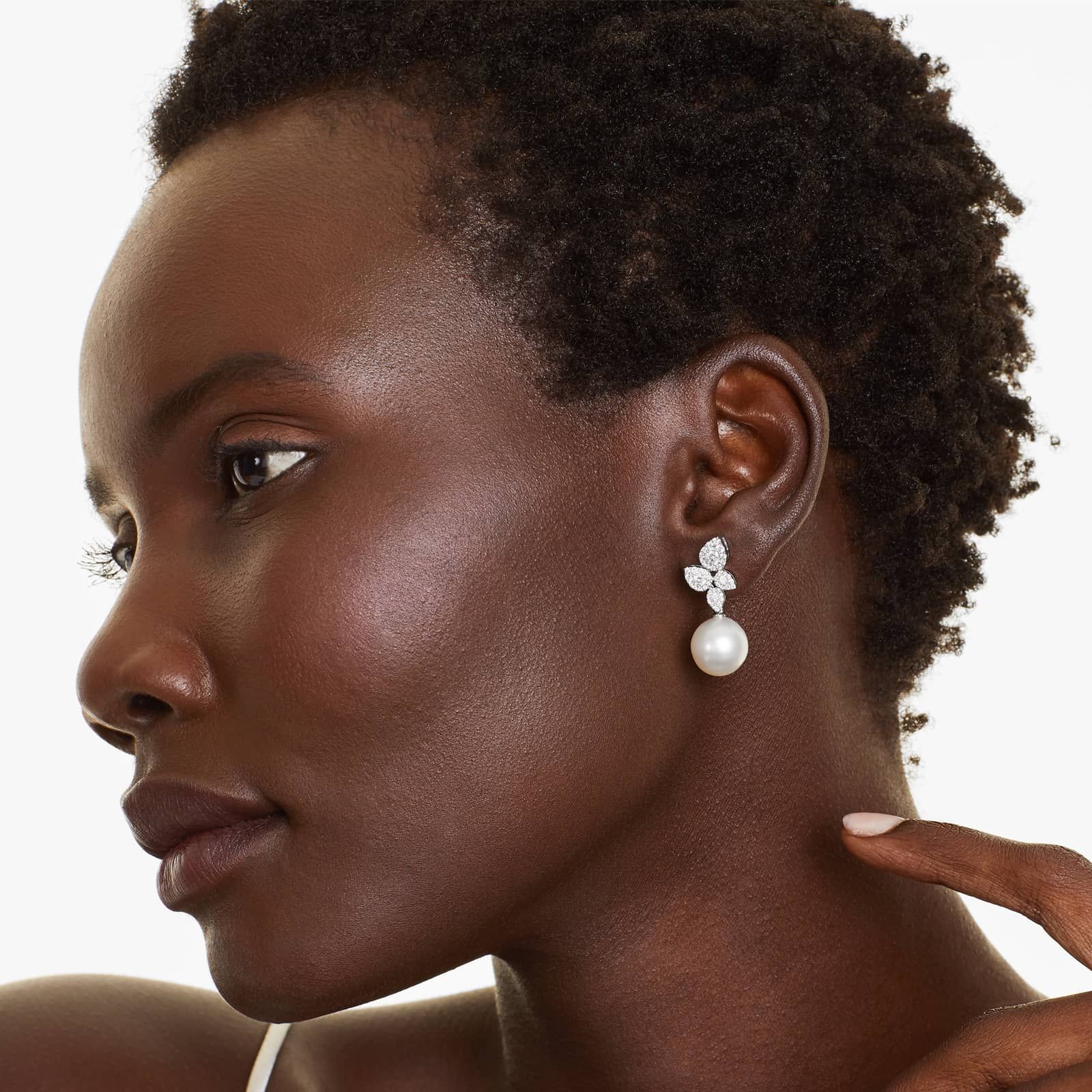 Cultured South Sea Pearl And Teardrop Diamond Cluster Drop Earrings In 18K White Gold (12-13 mm)