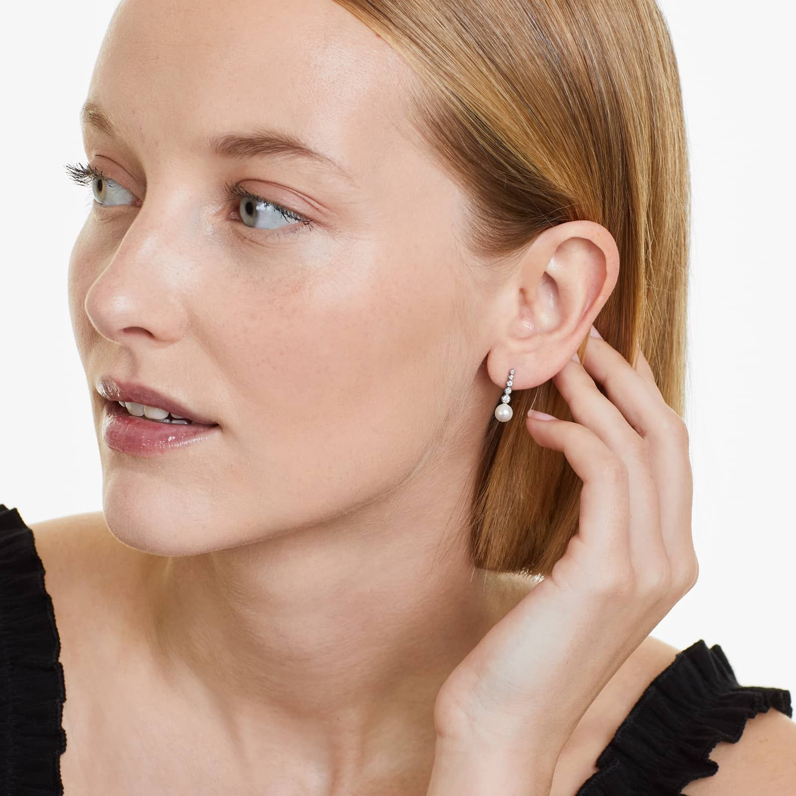 14K White Gold Cultured Freshwater Pearl and Diamond Row Drop Earrings