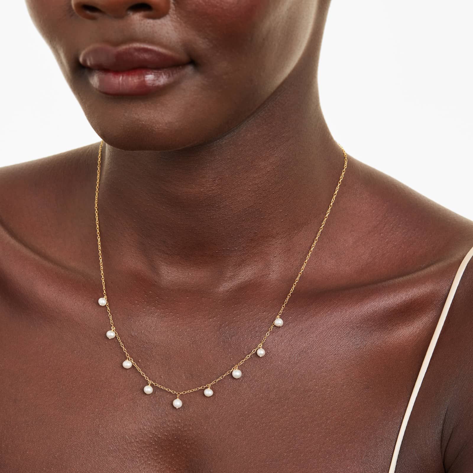 14K Yellow Gold Dangling Freshwater Cultured Pearl Necklace