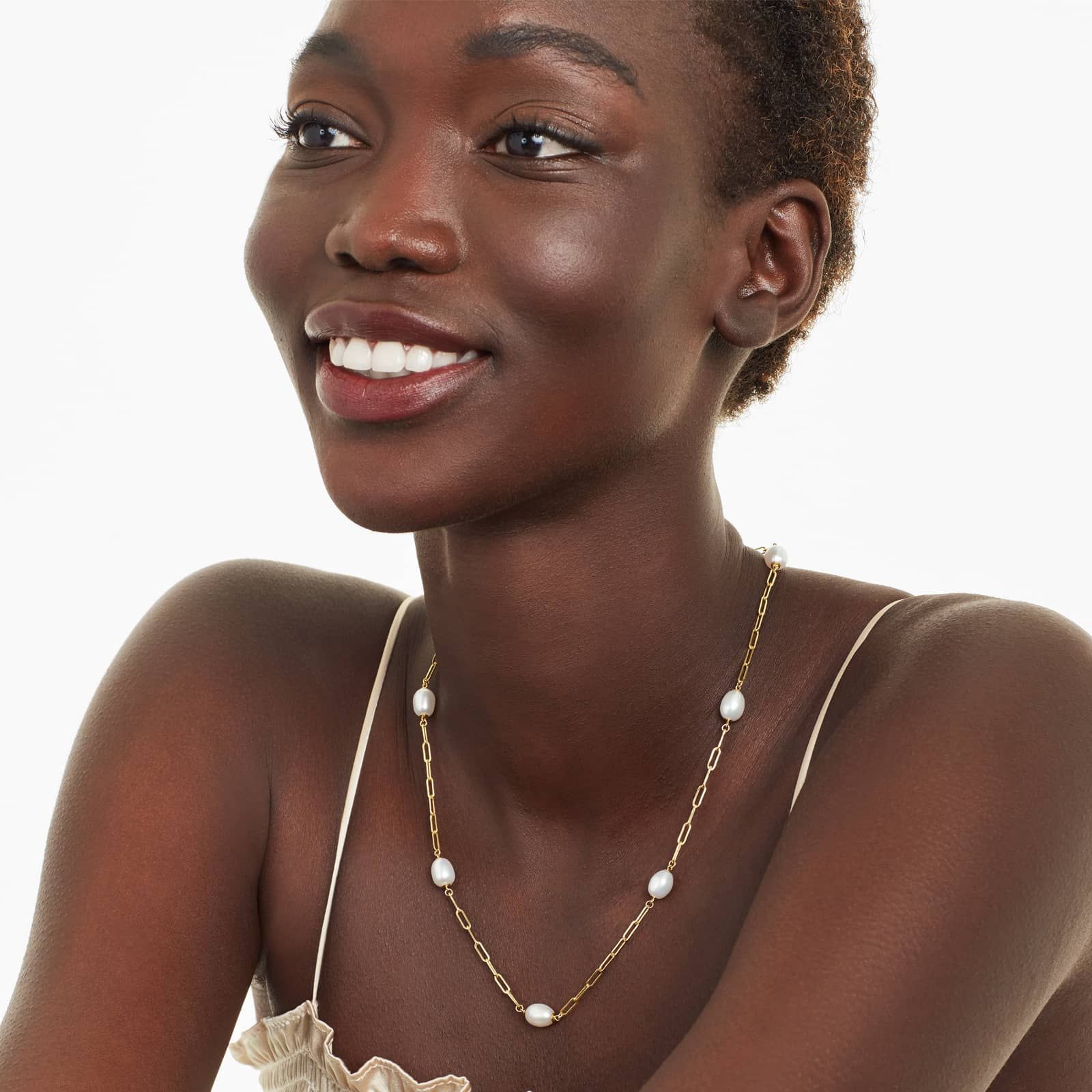 14K Yellow Gold Freshwater Cultured Pearl Station Paperclip Necklace