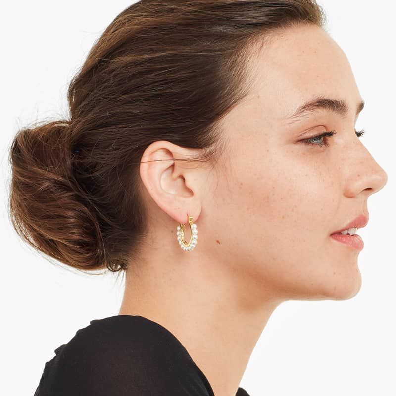 Cultured Freshwater Pearl Row Hoop Earrings In 14K Yellow Gold