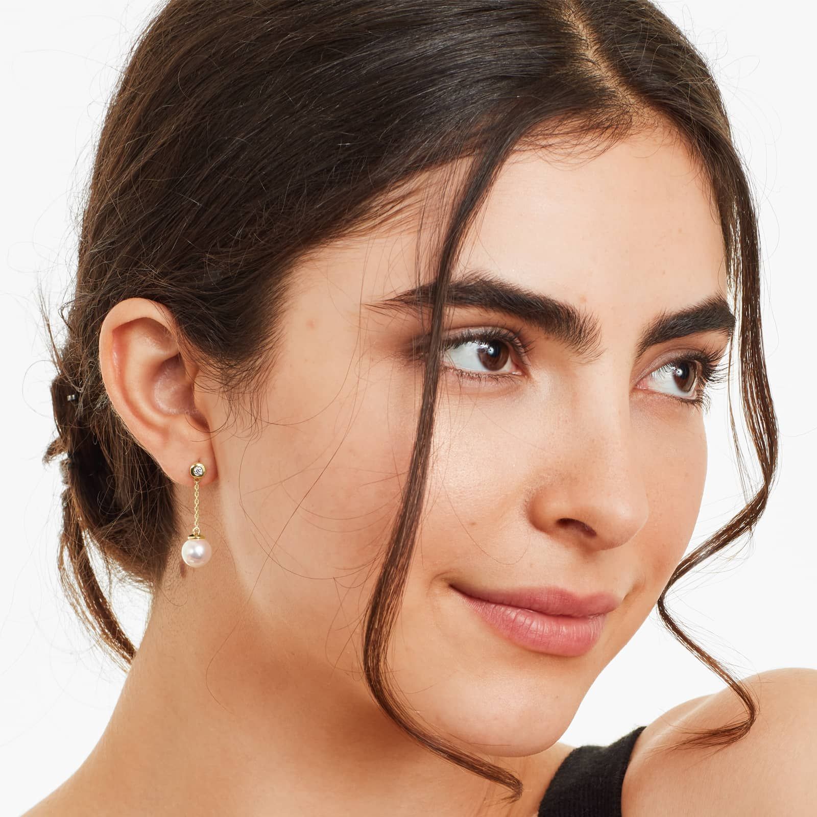 14K Yellow Gold Cultured Akoya Pearl And Bezel Set Diamond Drop Earrings