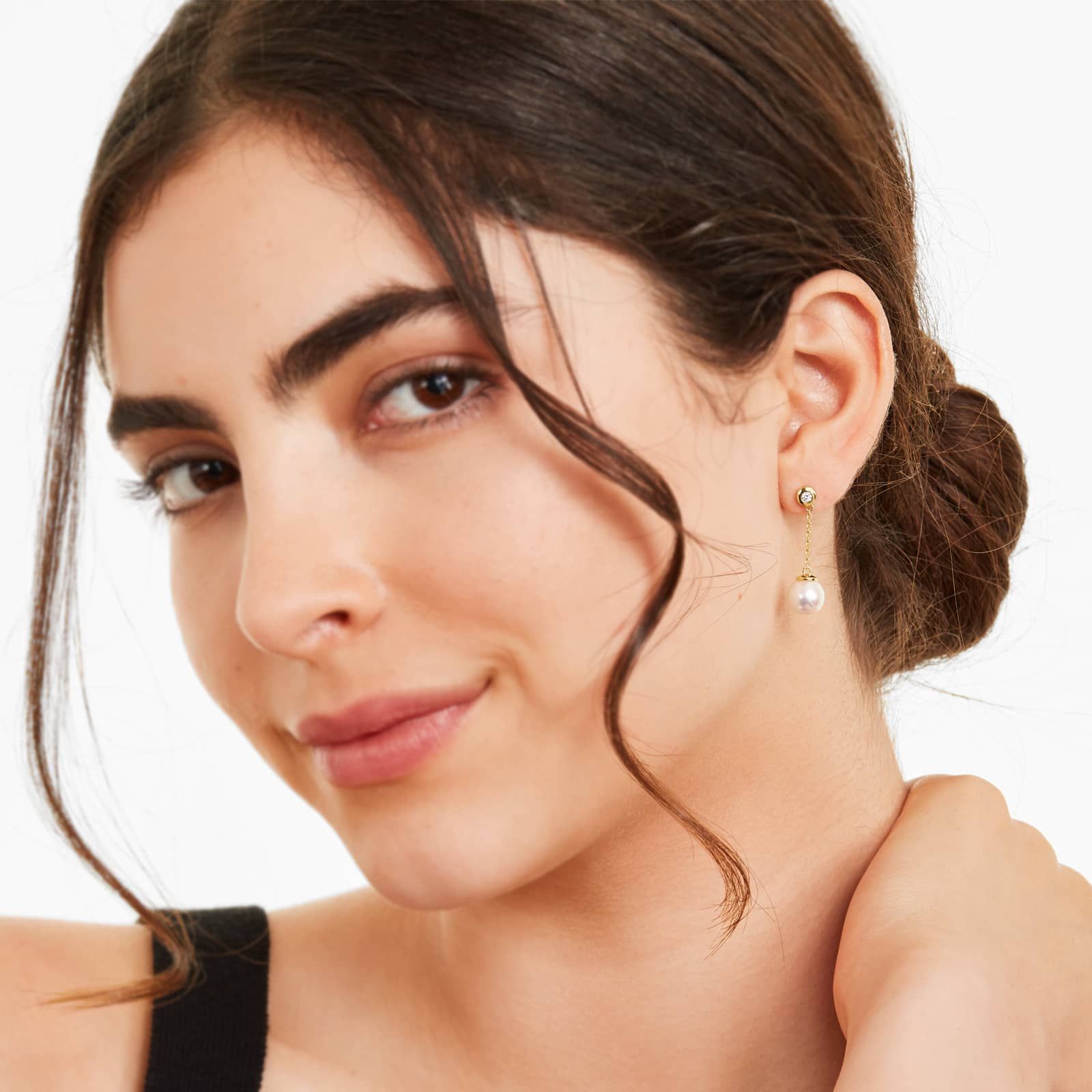 14K Yellow Gold Cultured Akoya Pearl And Bezel Set Diamond Drop Earrings