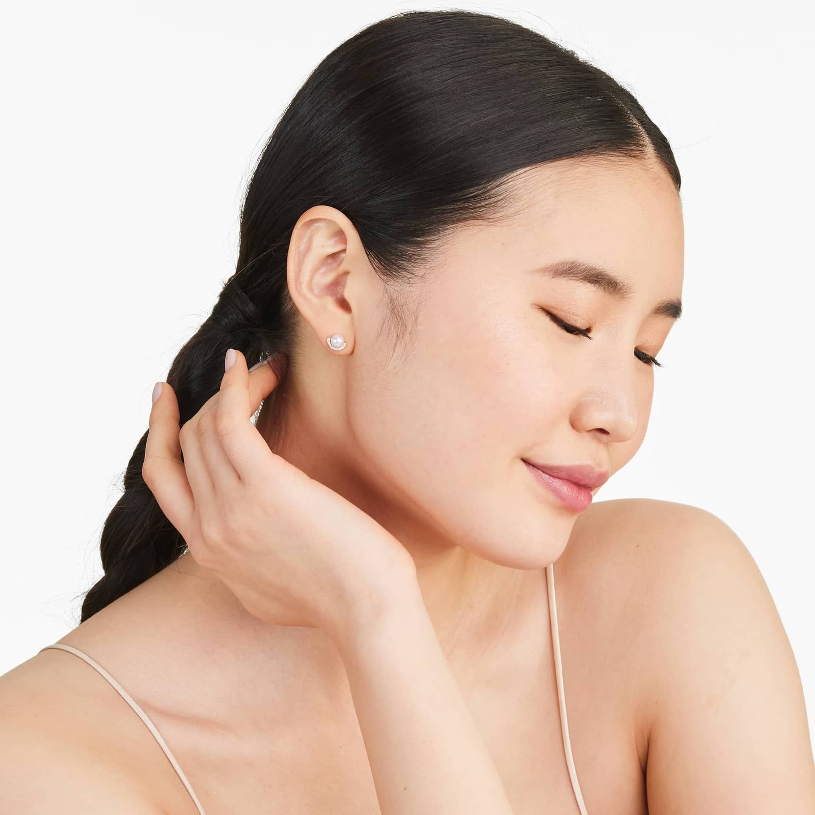 Cultured Akoya Pearl And Half Moon Diamond Stud Earrings In 14K Yellow Gold