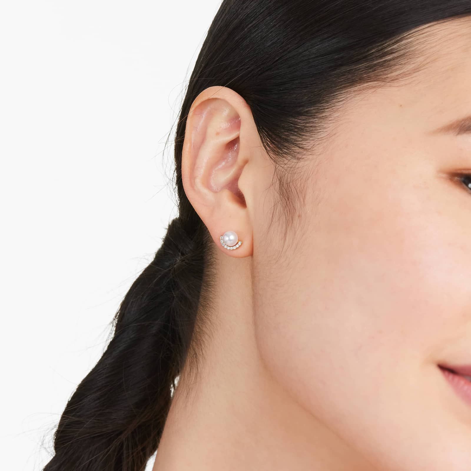 Cultured Akoya Pearl And Half Moon Diamond Stud Earrings In 14K Yellow Gold