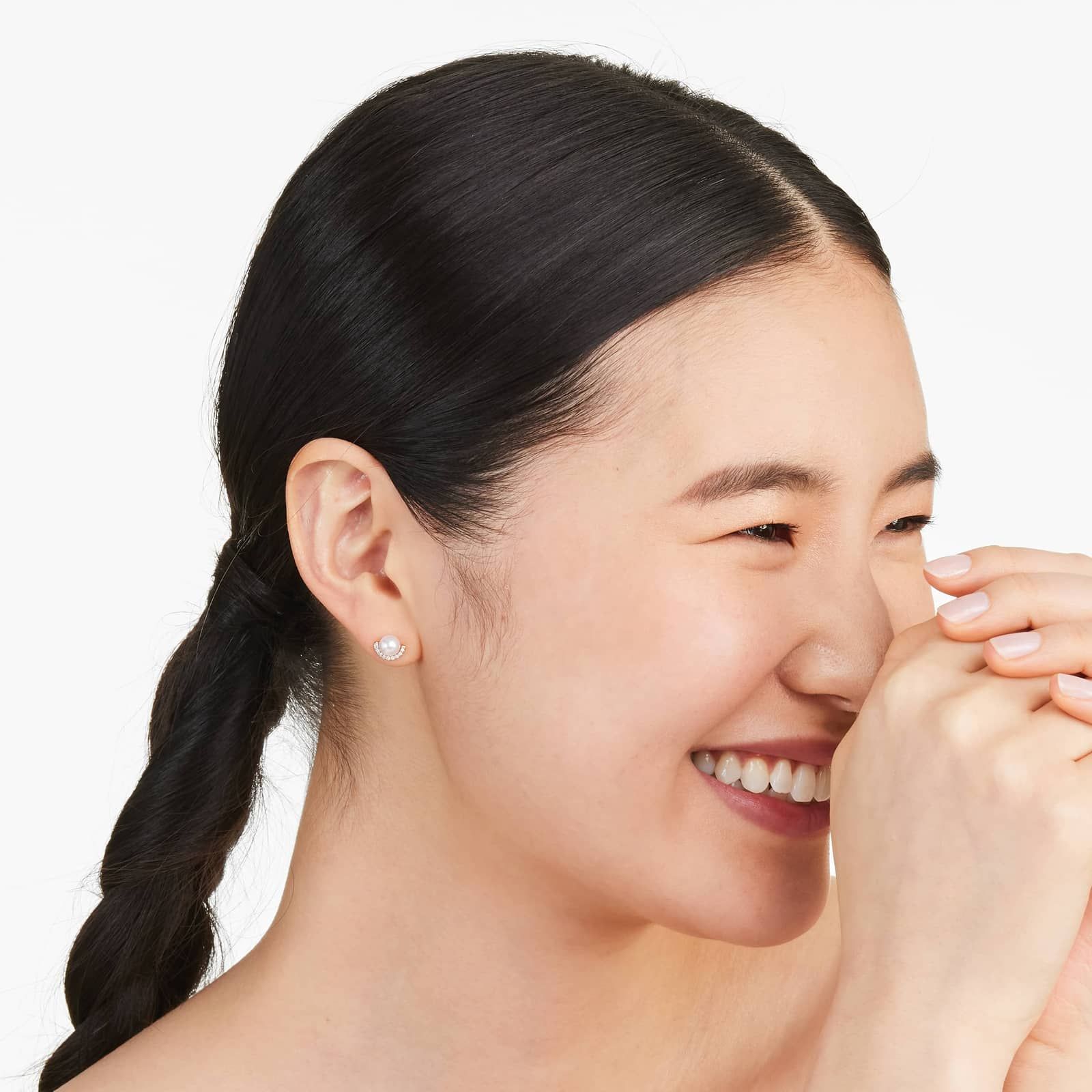 Cultured Akoya Pearl And Half Moon Diamond Stud Earrings In 14K Yellow Gold