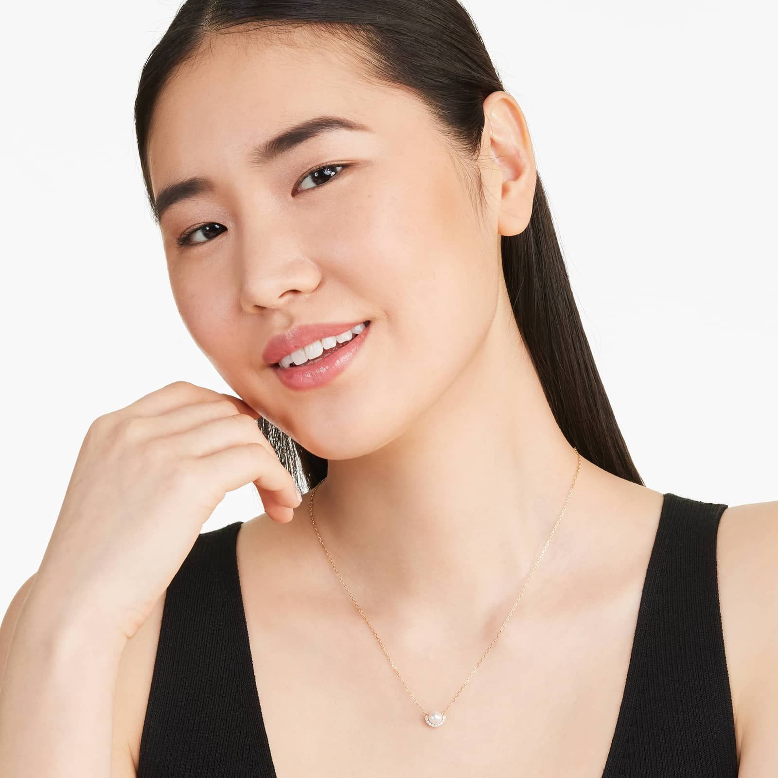 14K Yellow Gold Akoya Cultured Pearl Half Moon Diamond Necklace