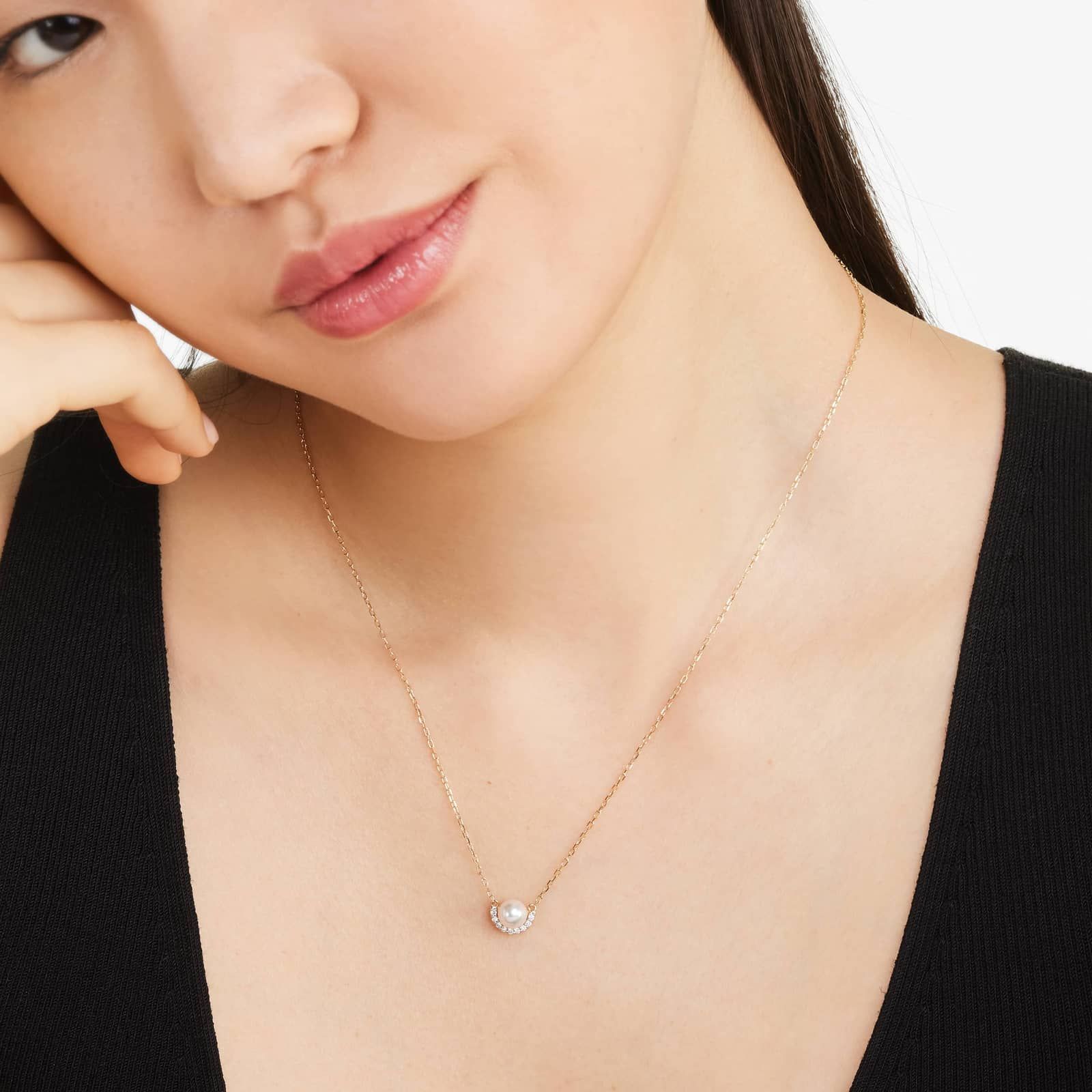 14K Yellow Gold Akoya Cultured Pearl Half Moon Diamond Necklace