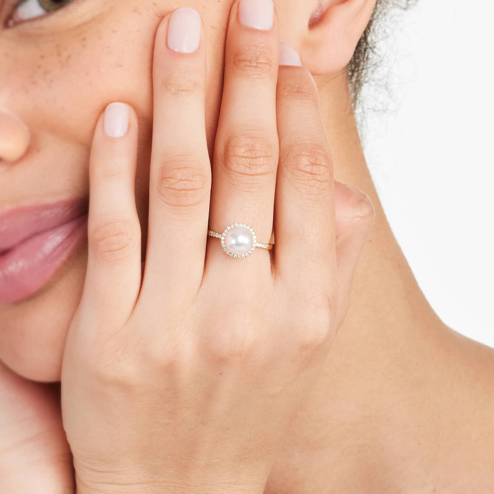 Akoya Cultured Pearl And Diamond Halo Ring In 14K Yellow Gold