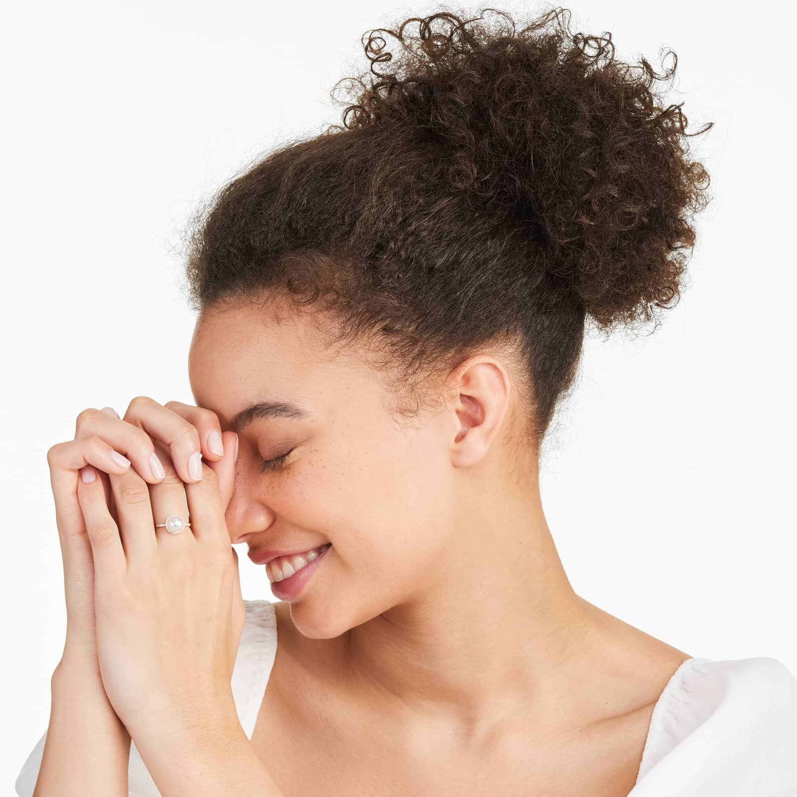 Akoya Cultured Pearl And Diamond Halo Ring In 14K Yellow Gold