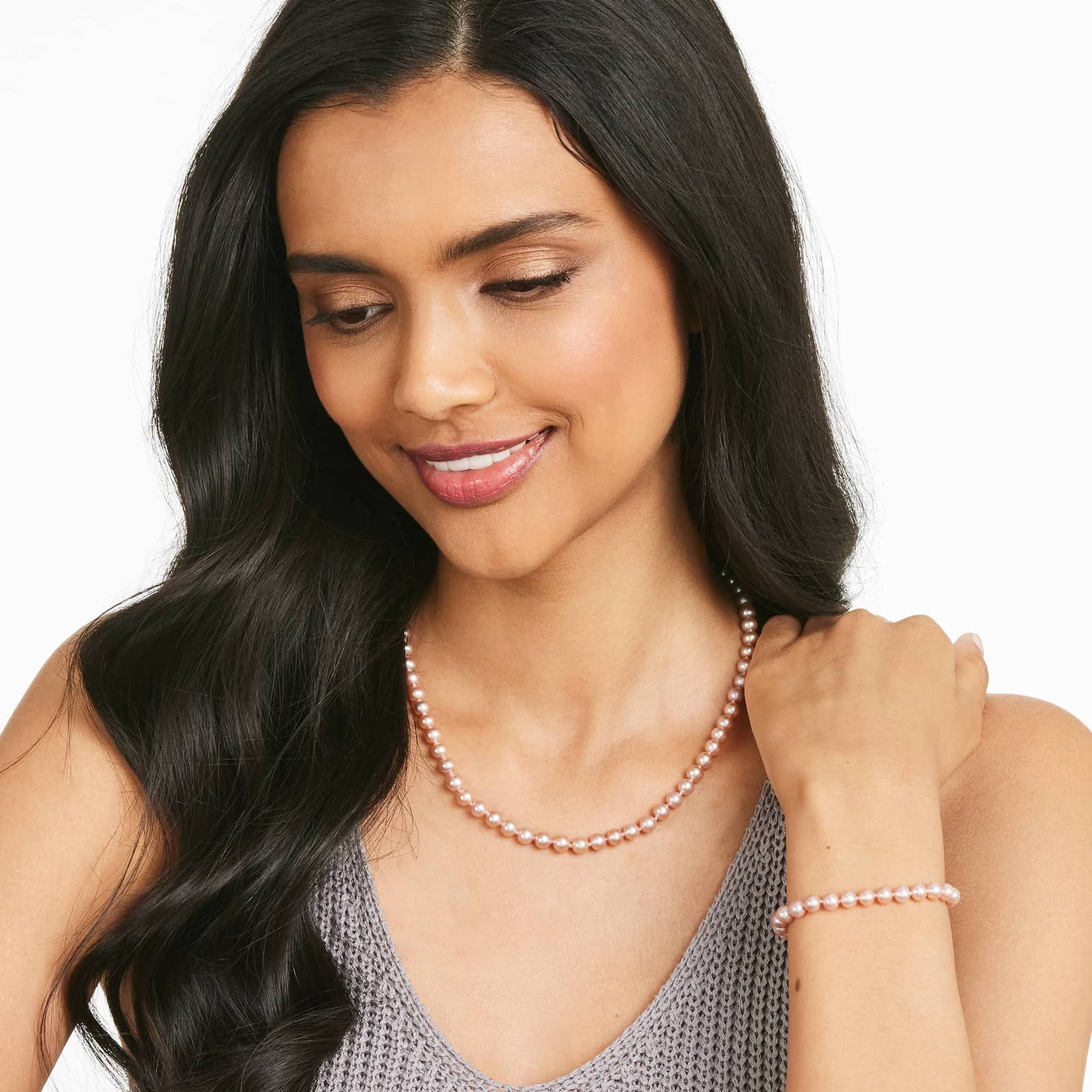 14K White Gold Pink Freshwater Cultured Pearl Fishclasp Necklace (6-7mm)