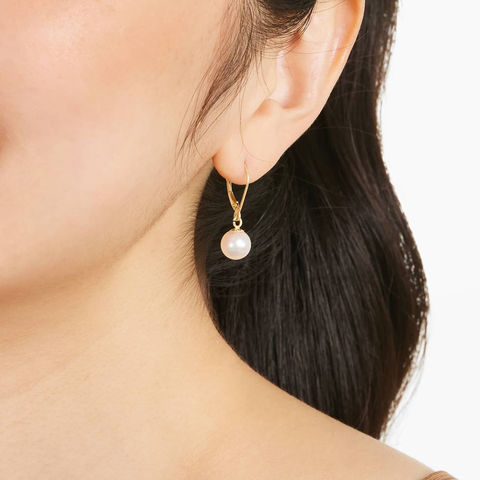 Cultured Akoya Pearl Leverback Earrings In 14K Yellow Gold