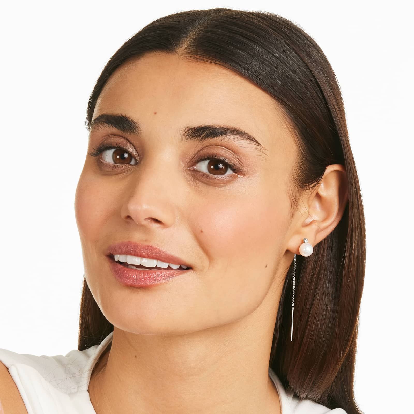 Cultured Akoya Pearl Threader Earrings In 14K White Gold