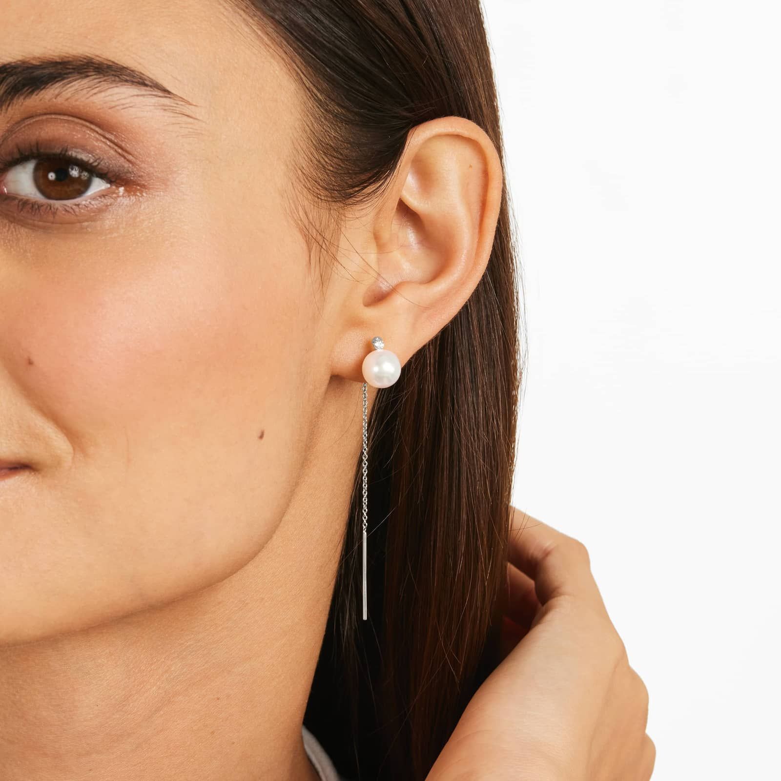 Cultured Akoya Pearl Threader Earrings In 14K White Gold