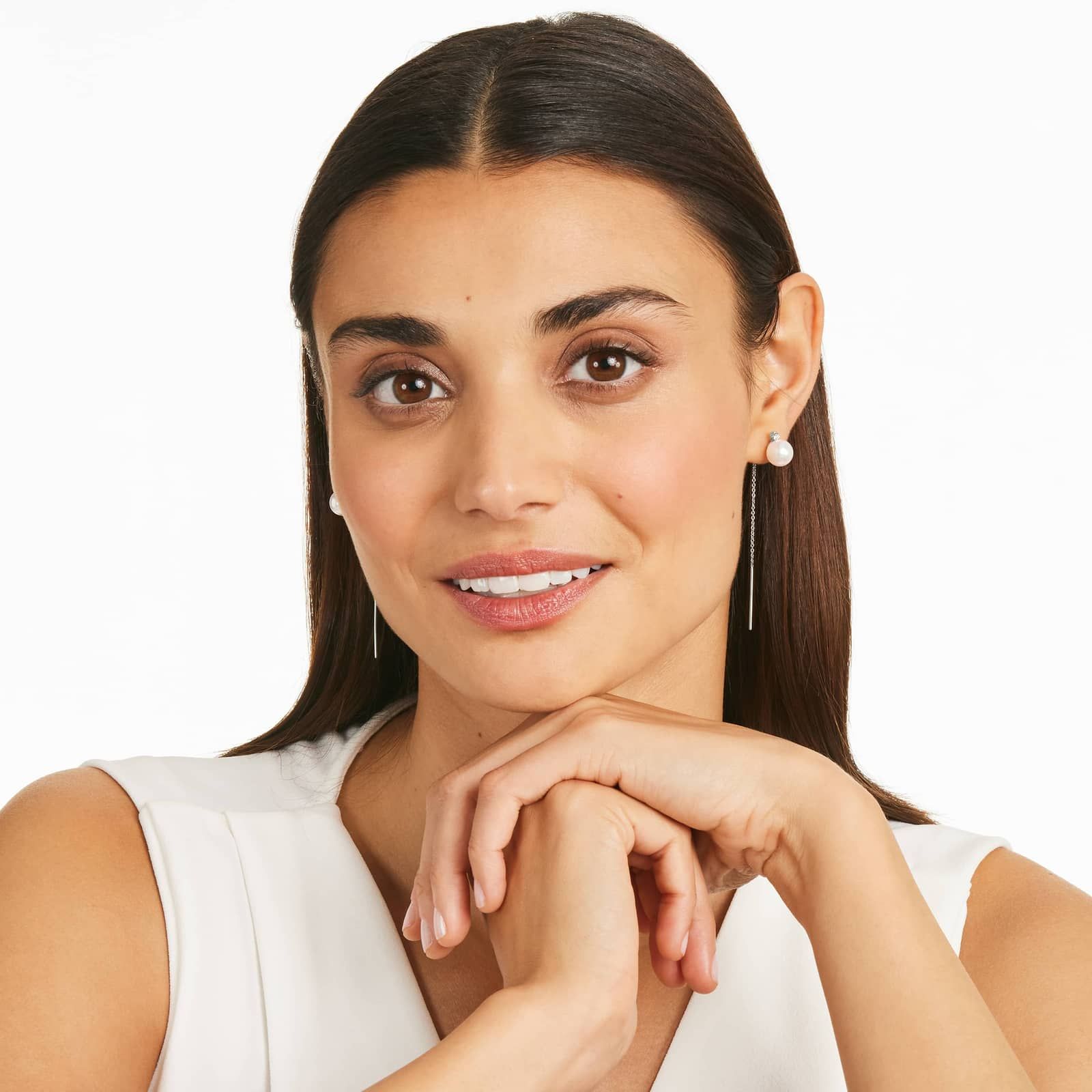 Cultured Akoya Pearl Threader Earrings In 14K White Gold