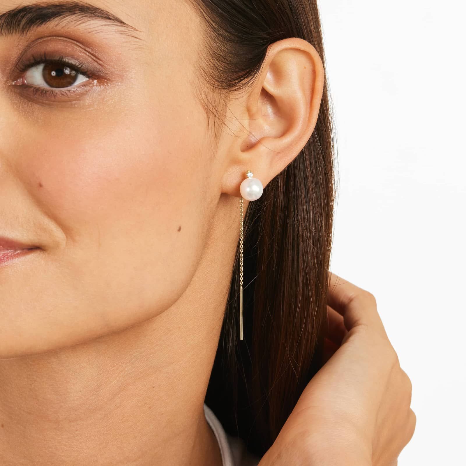 Cultured Akoya Pearl Threader Earrings In 14K Yellow Gold