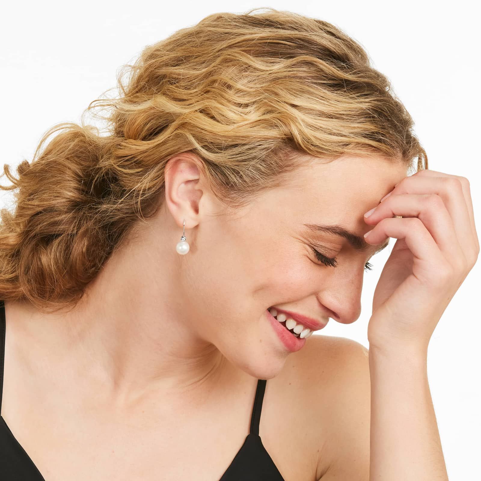 Cultured Freshwater Pearl And Bezel Diamond Earrings In 18K White Gold