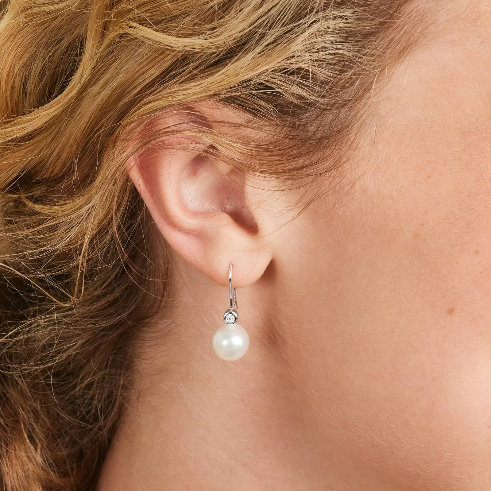 Cultured Freshwater Pearl And Bezel Diamond Earrings In 18K White Gold