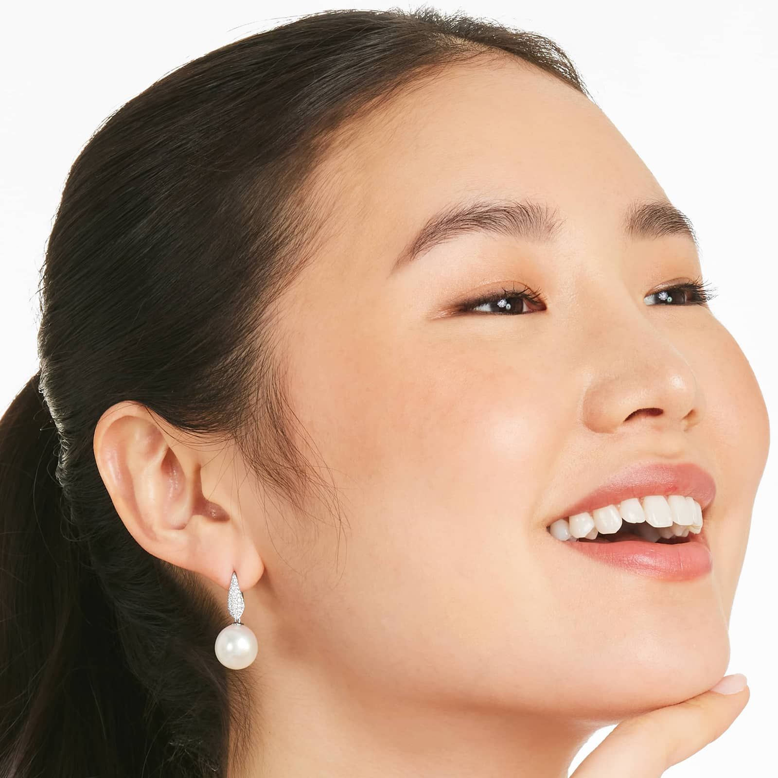 Cultured South Sea Pearl And Diamond Teardrop Earrings In 18K White Gold