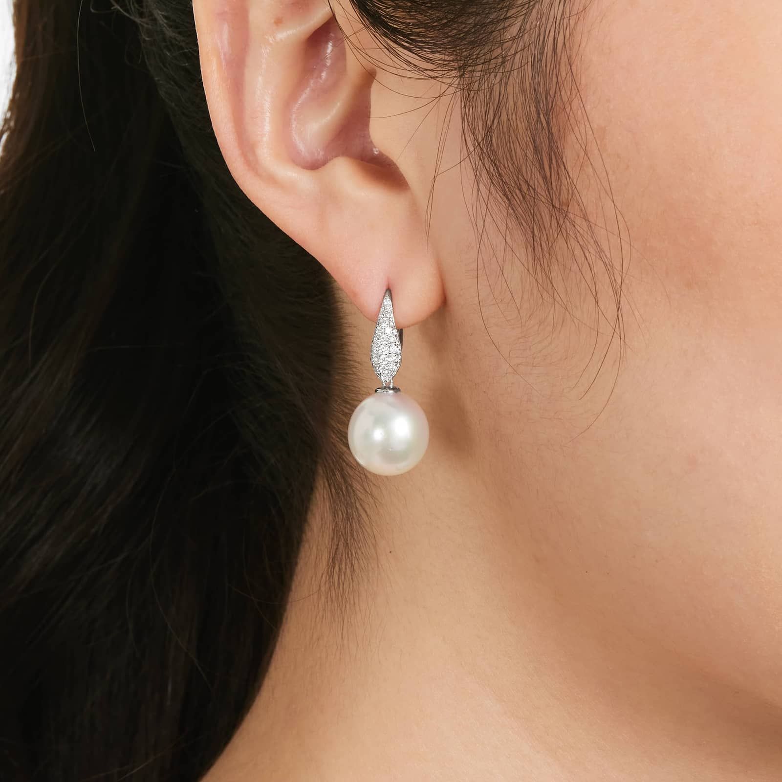 Cultured South Sea Pearl And Diamond Teardrop Earrings In 18K White Gold