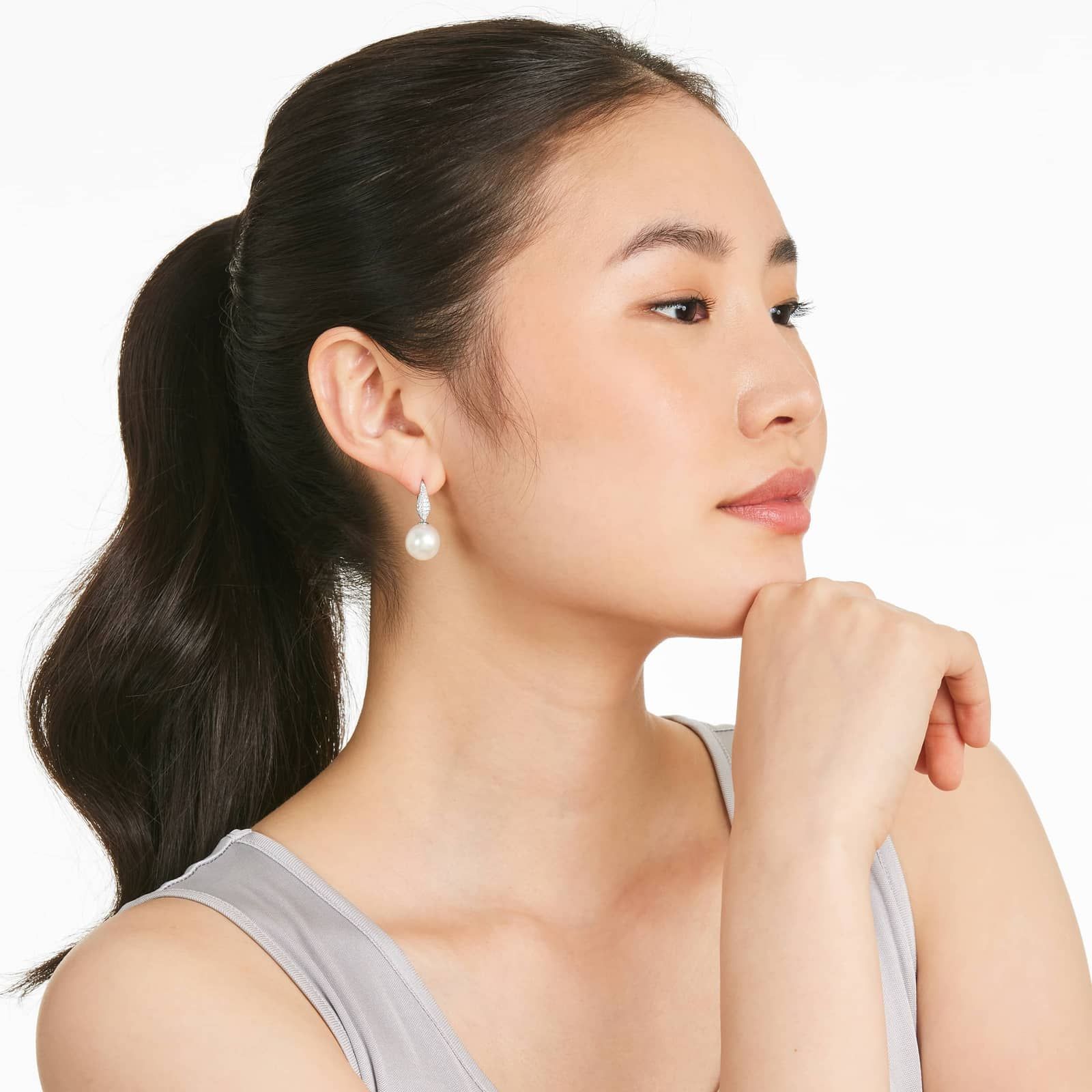 Cultured South Sea Pearl And Diamond Teardrop Earrings In 18K White Gold