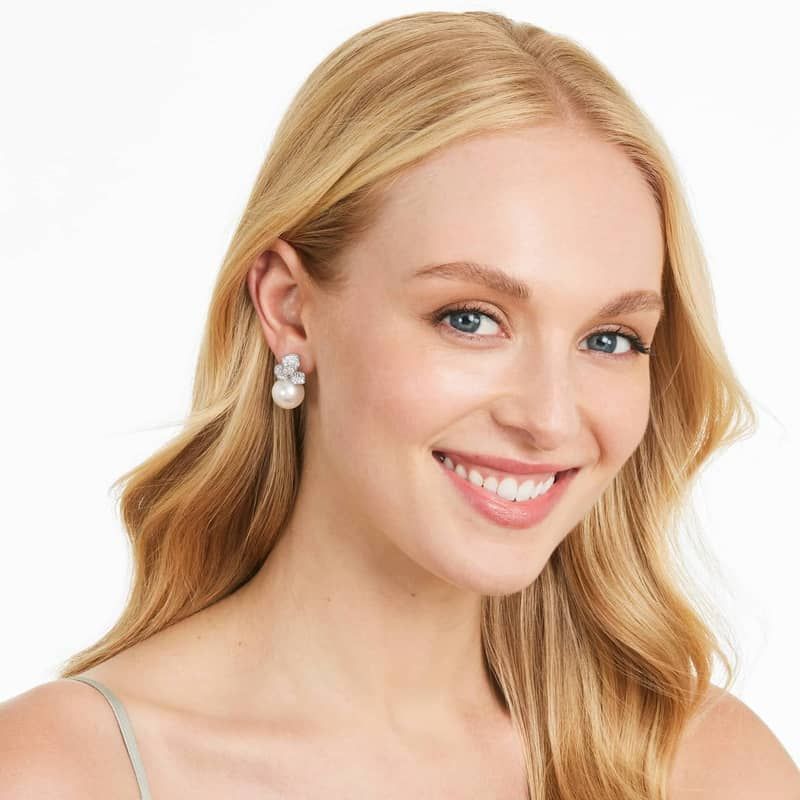 Cultured South Sea Pearl And Diamond Leaf Earrings In 18K White Gold