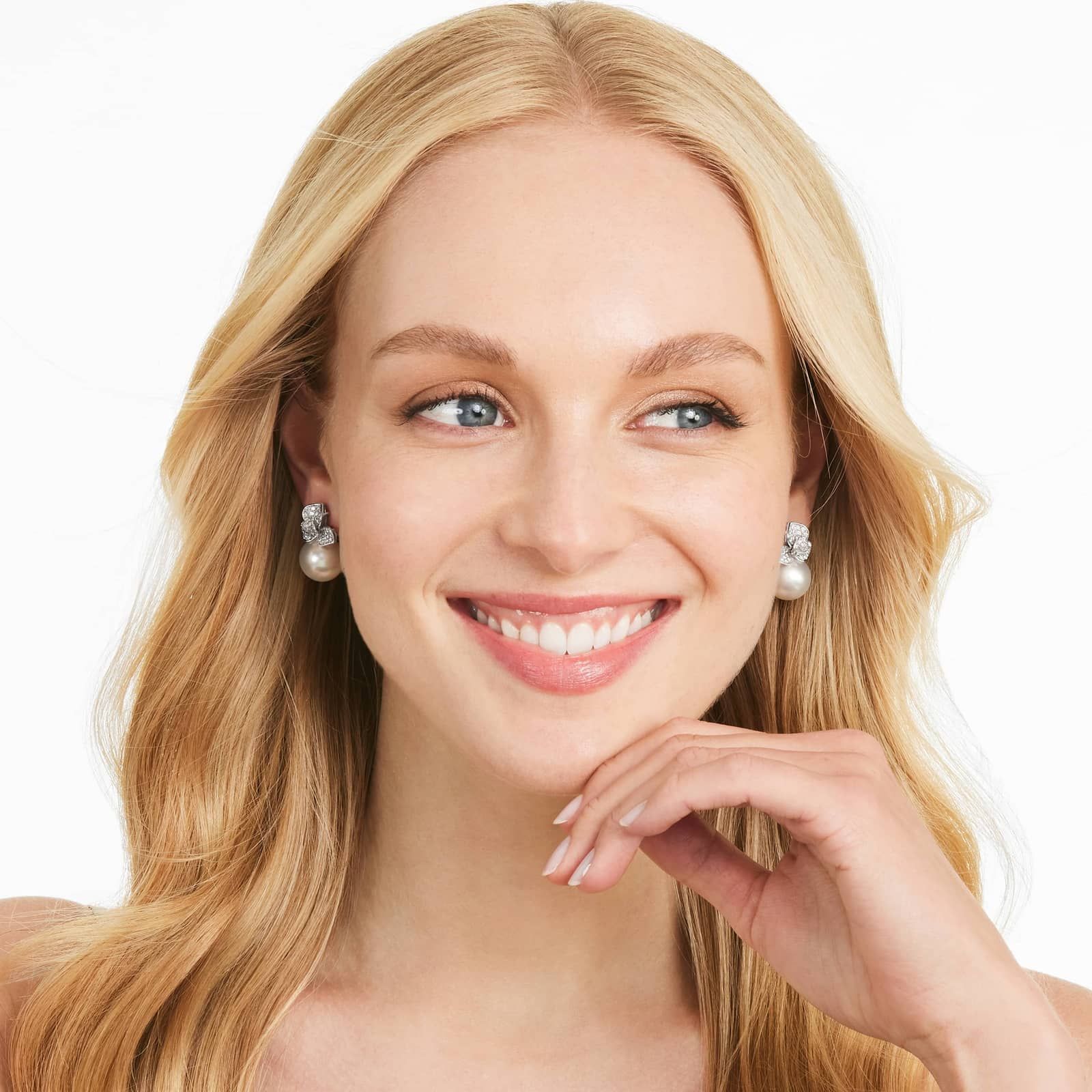 Cultured South Sea Pearl And Diamond Leaf Earrings In 18K White Gold