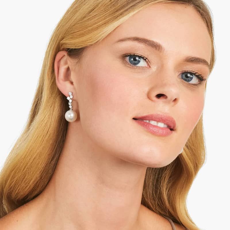 Cultured South Sea Pearl And Scattered Diamond Earrings In 18K White Gold