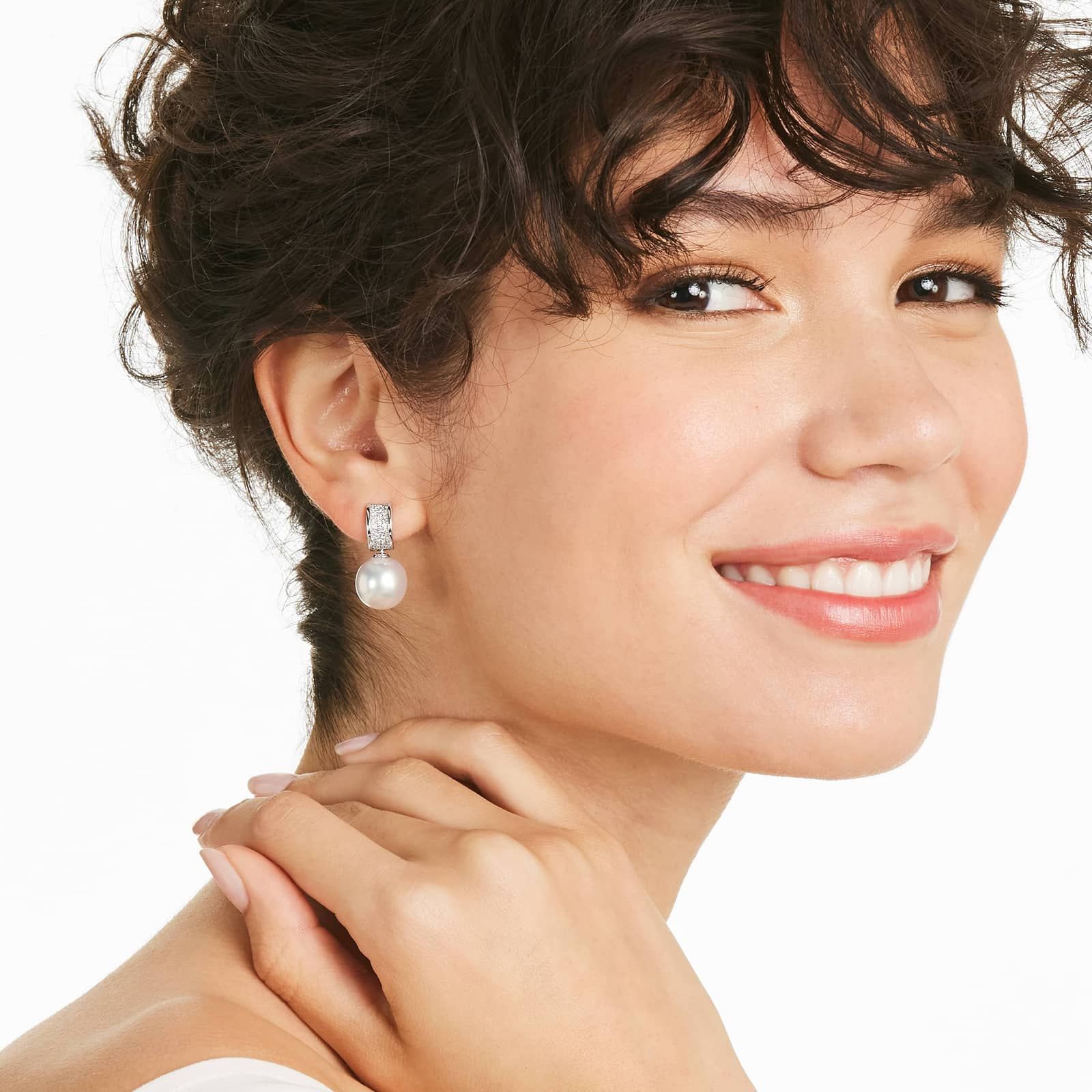 Cultured South Sea Pearl And Diamond Huggie Earrings In 18K White Gold